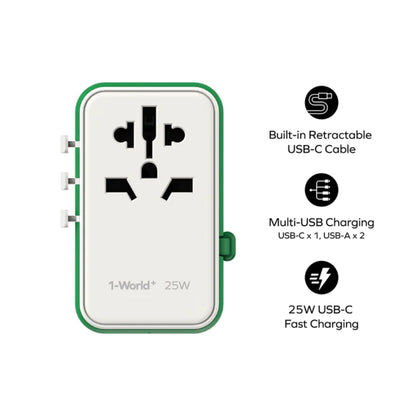 Momax 1-World PD Global Travel Fast Charging Adapter 25W 3 Port With Built-In USB-C Cable 70cm