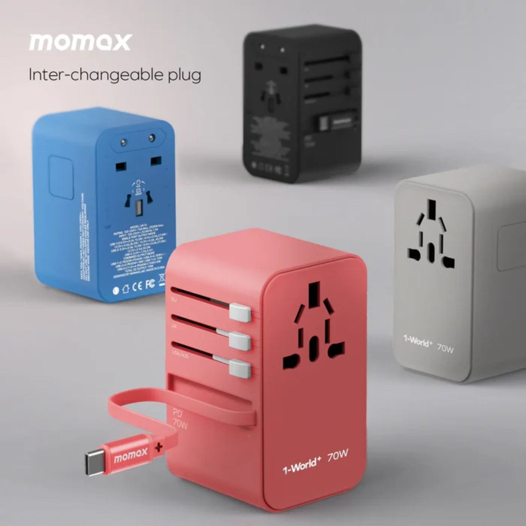 Momax 1-World PD Global Travel Fast Charging Adapter 70W 3 Port With Built-In USB-C Cable 70cm