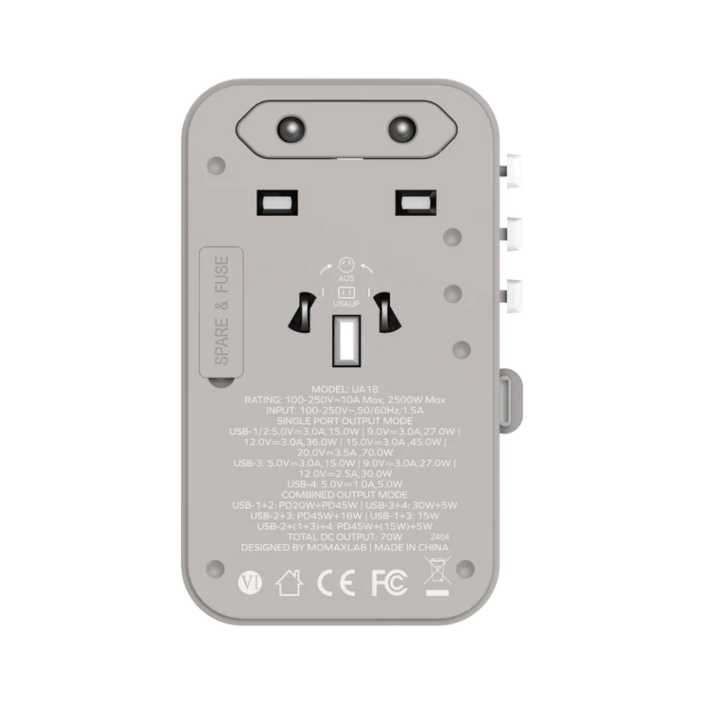 Momax 1-World PD Global Travel Fast Charging Adapter 70W 3 Port With Built-In USB-C Cable 70cm