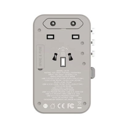 Momax 1-World PD Global Travel Fast Charging Adapter 70W 3 Port With Built-In USB-C Cable 70cm