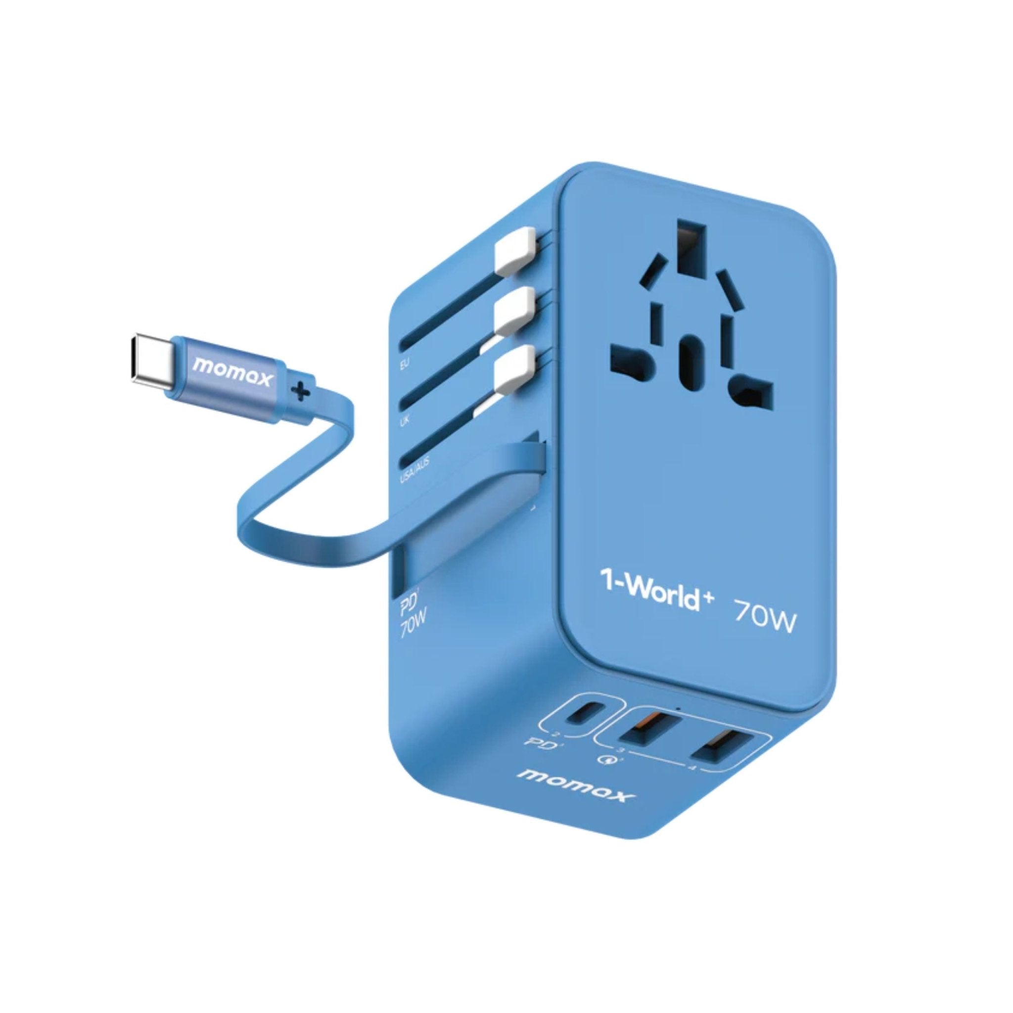 Momax 1-World PD Global Travel Fast Charging Adapter 70W 3 Port With Built-In USB-C Cable 70cm