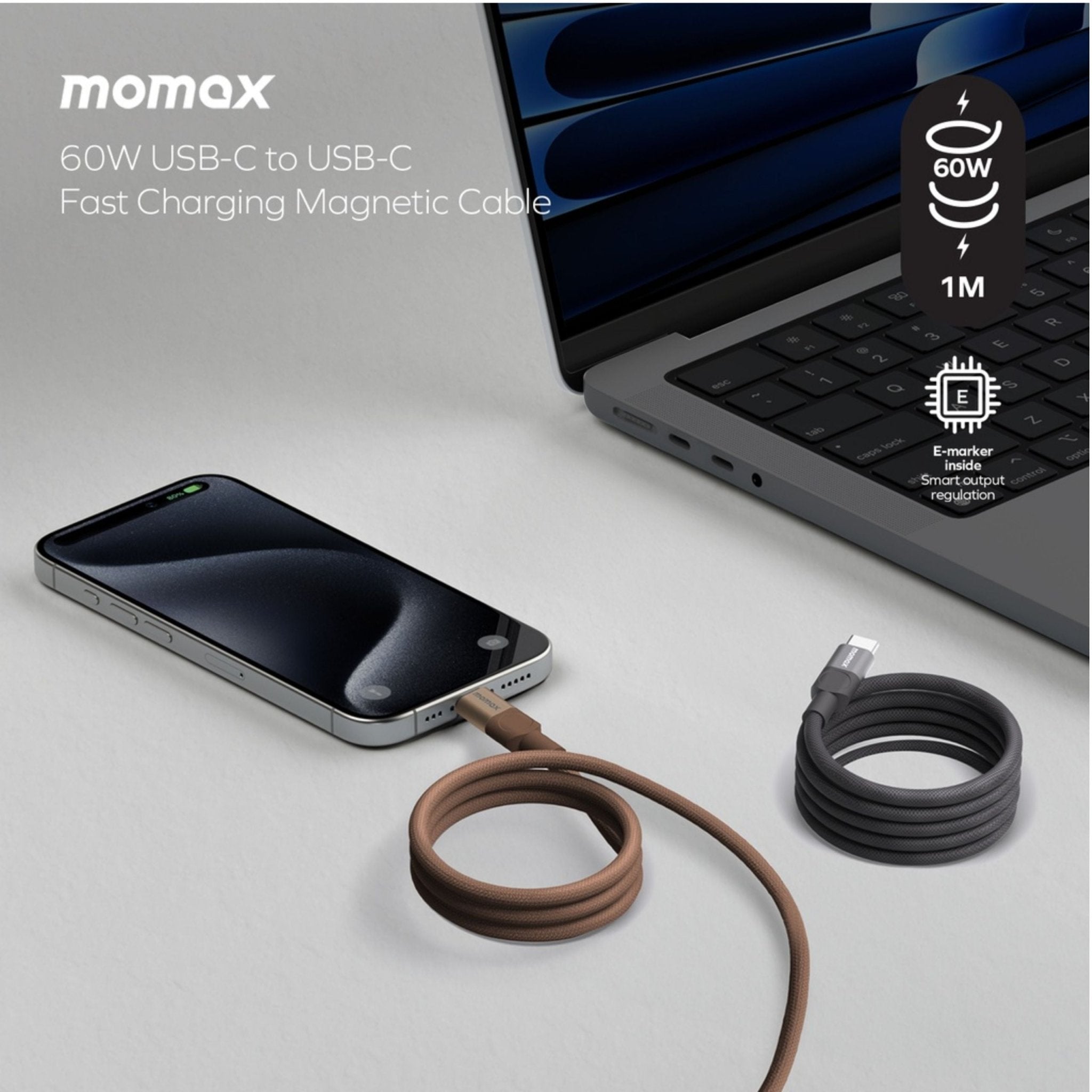 Momax Mag Link 60W USB-C TO USB-C Magnetic Cable 1M - Gold