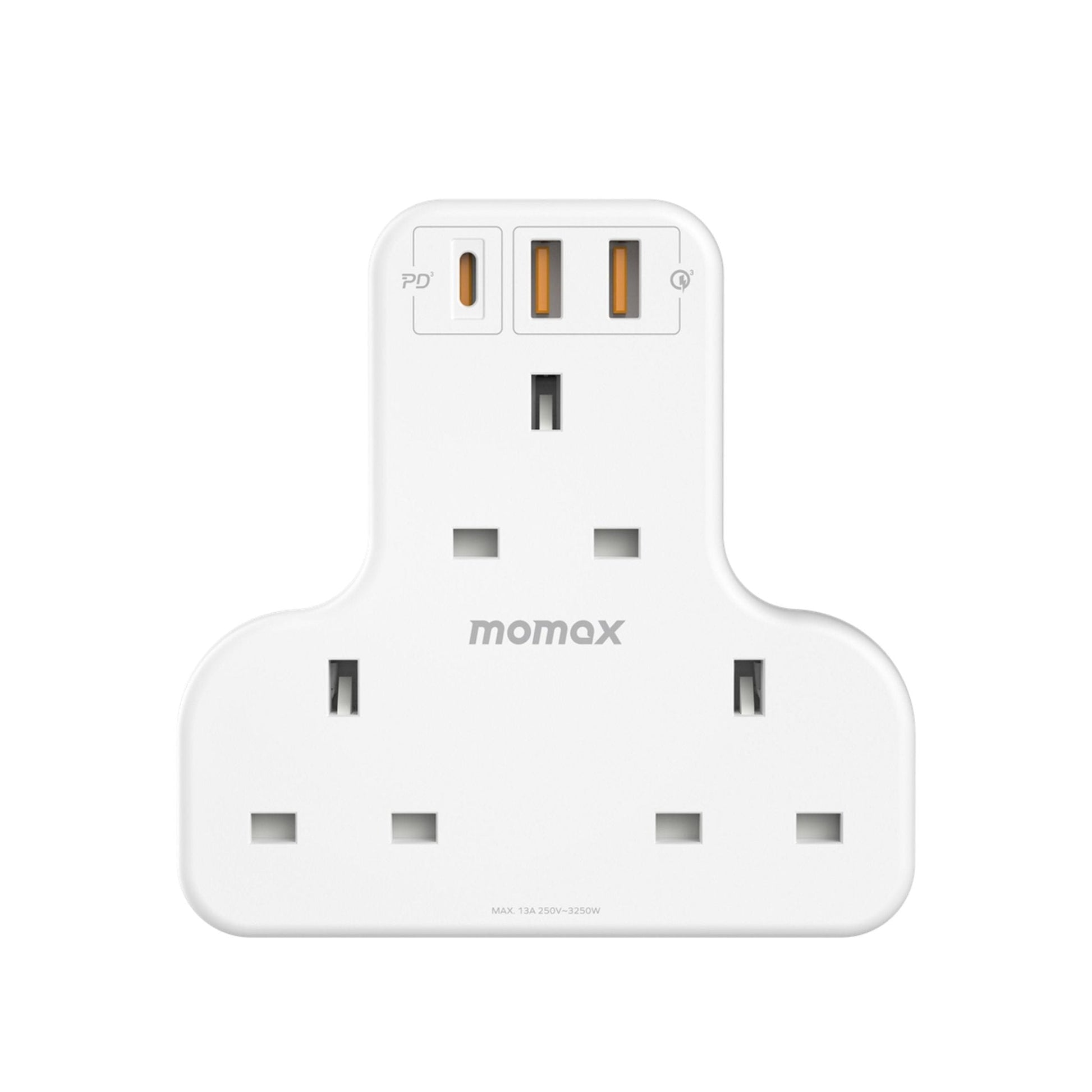 Momax Oneplug 3-Outlet T-Shaped Extension Socket With USB - White