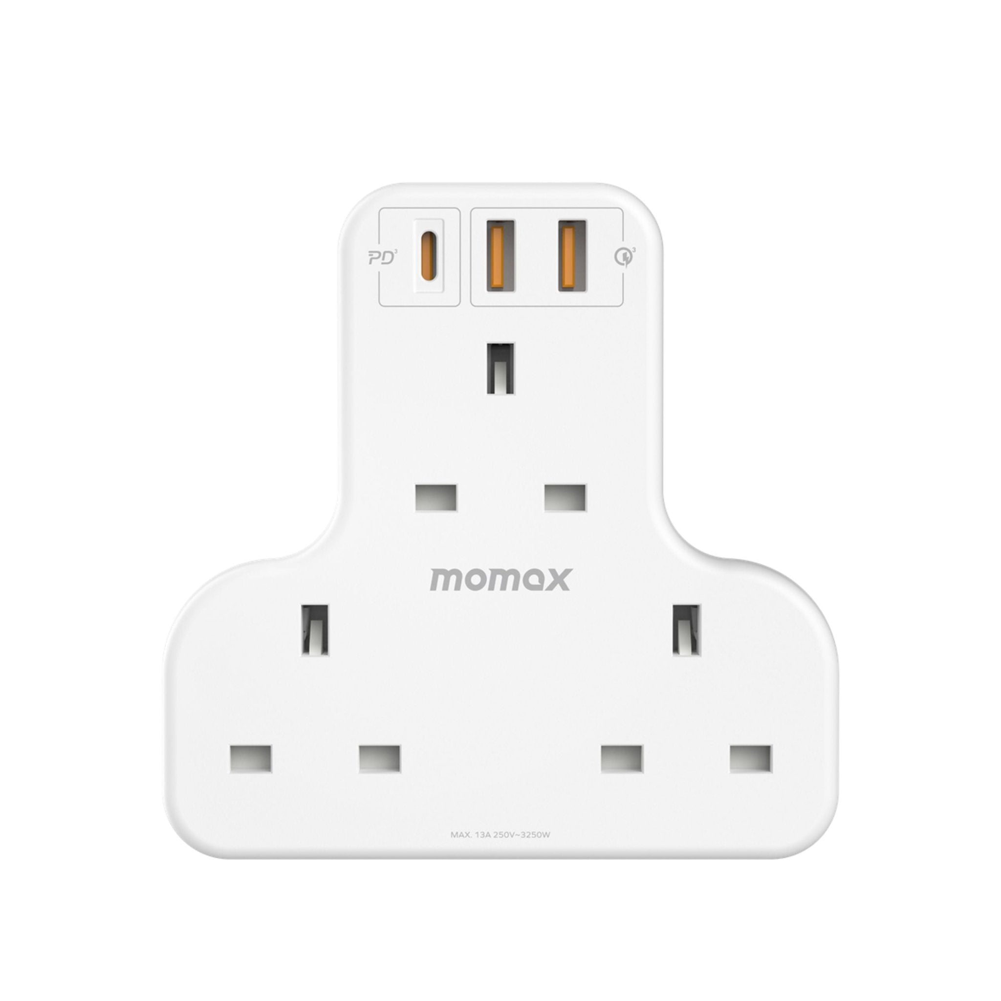 Momax Oneplug 3-Outlet T-Shaped Extension Socket With USB - White