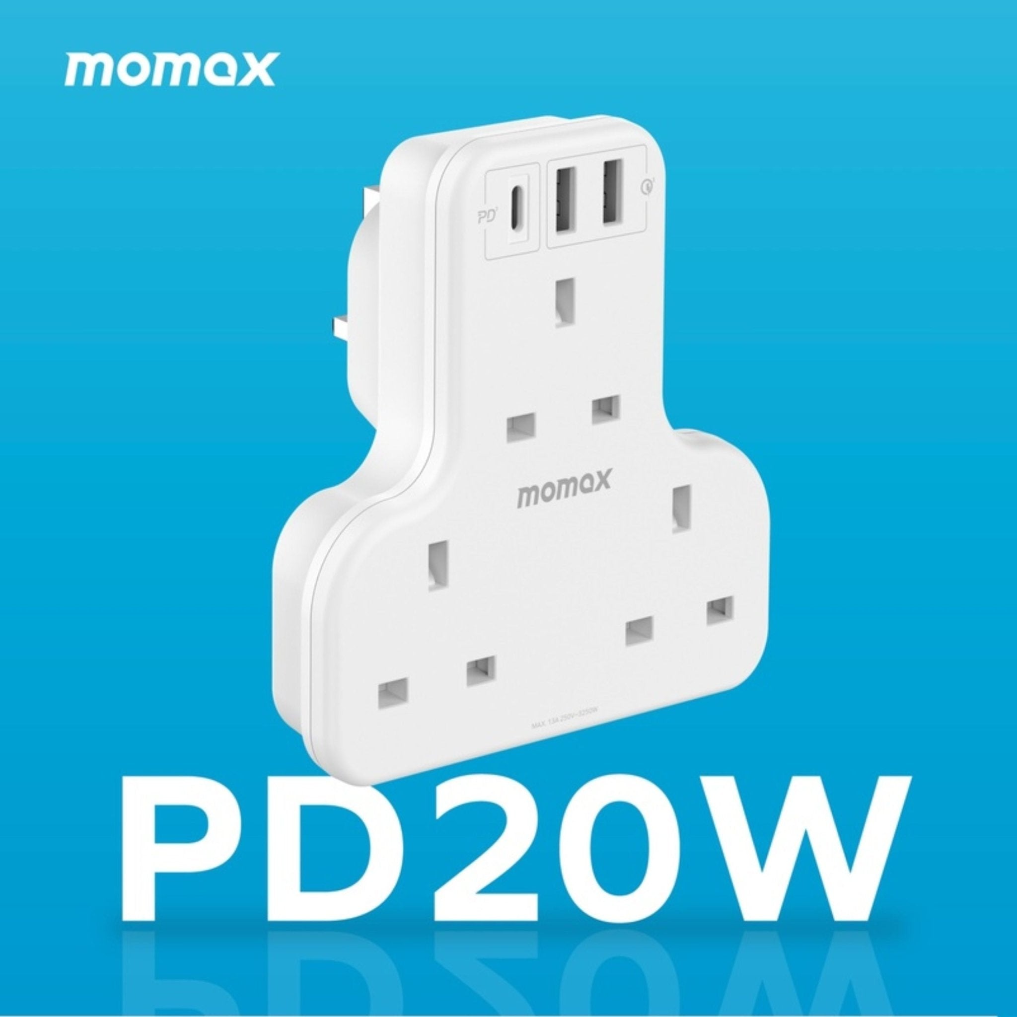 Momax Oneplug 3-Outlet T-Shaped Extension Socket With USB - White