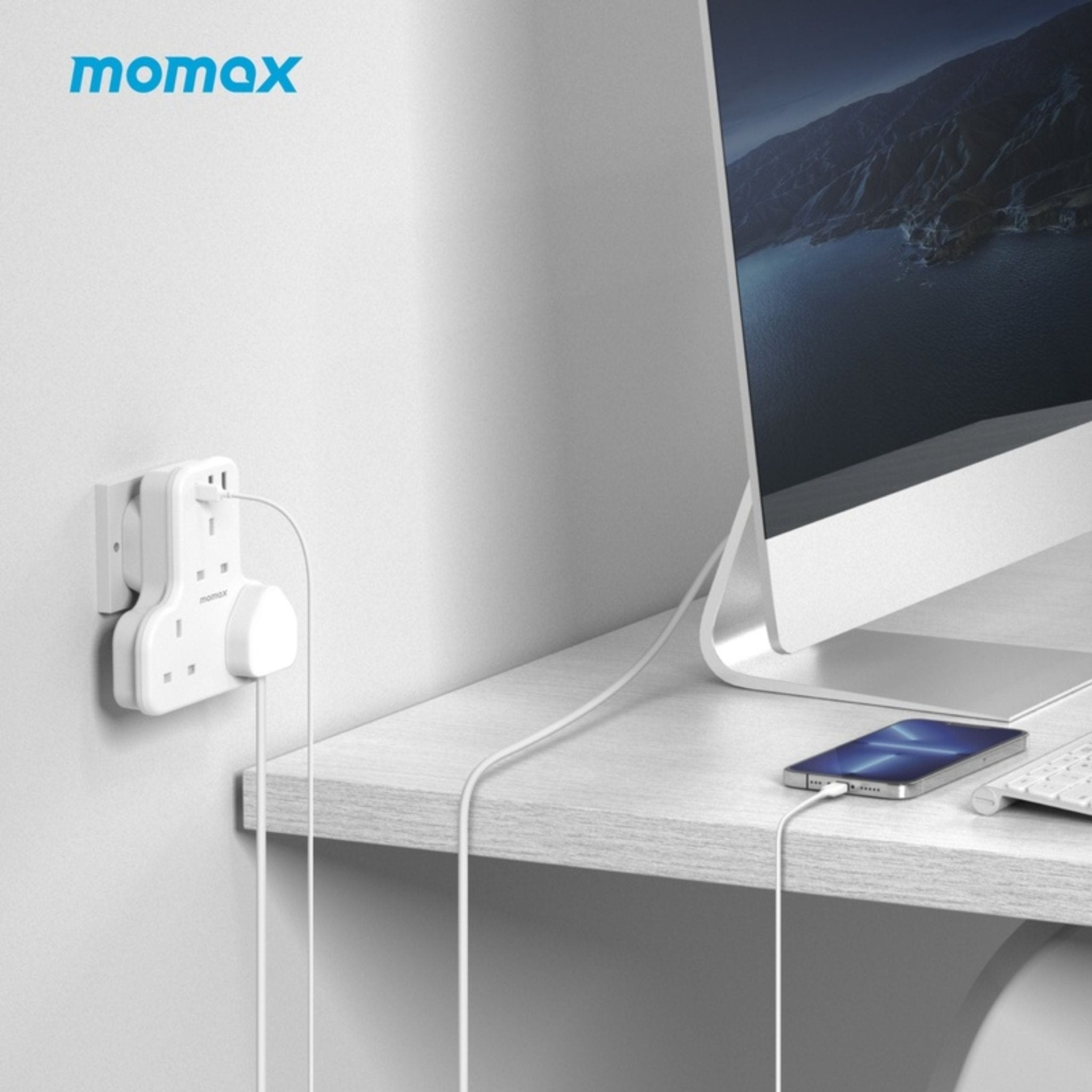 Momax Oneplug 3-Outlet T-Shaped Extension Socket With USB - White