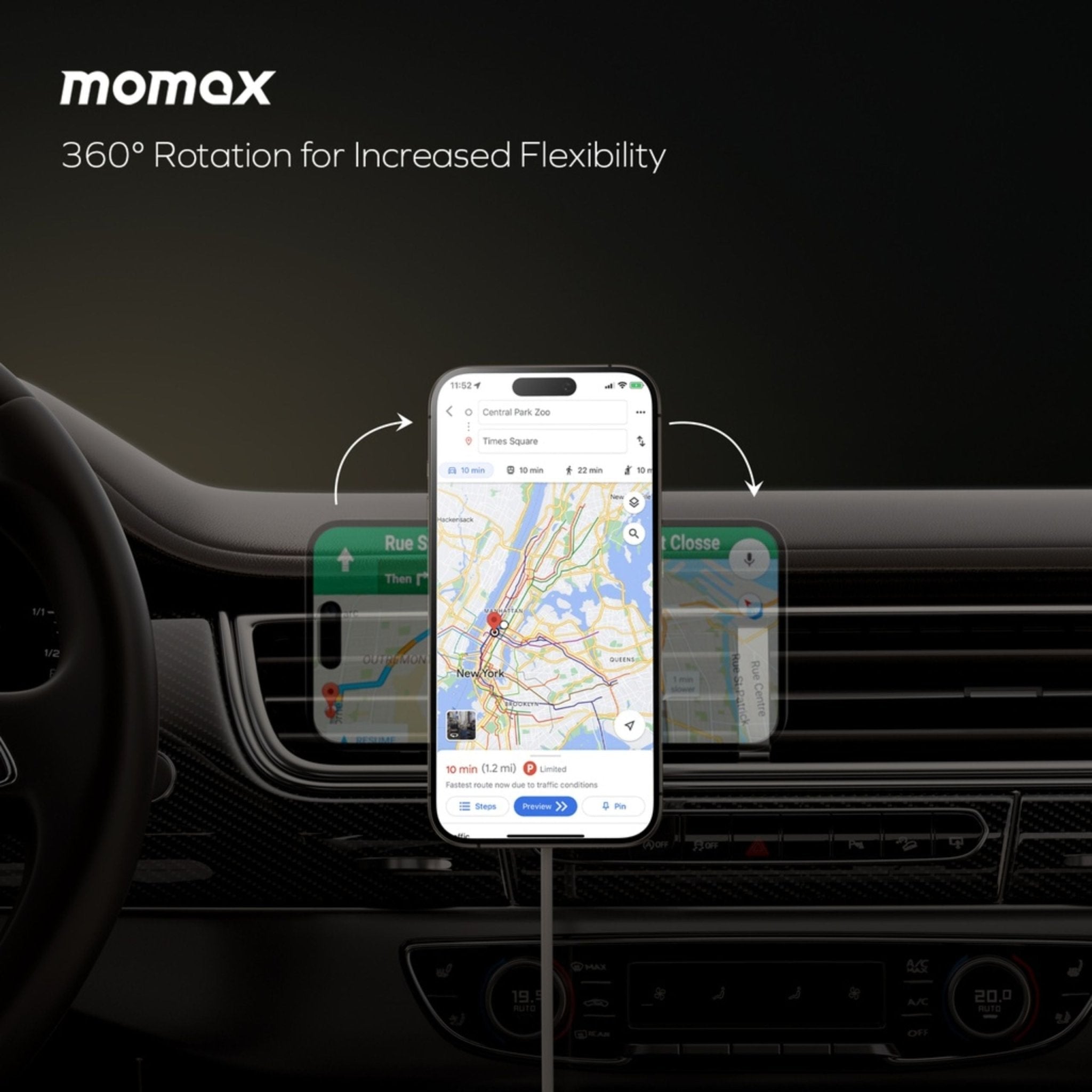 Momax Q2. Mag Mount 15W MagSafe Wireless Charger / Car Holder -Gray