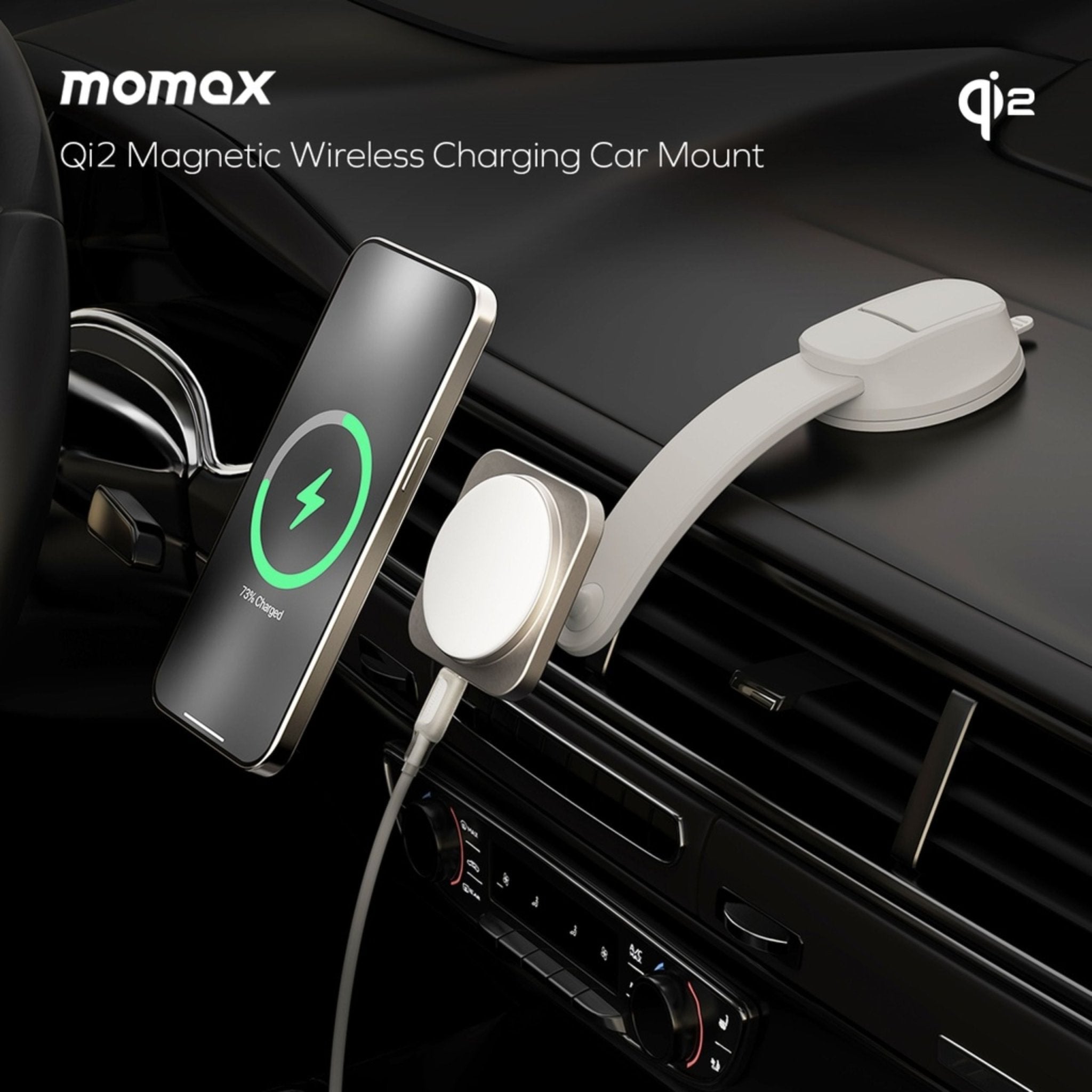 Momax Q2. Mag Mount 15W MagSafe Wireless Charger / Car Holder -Gray