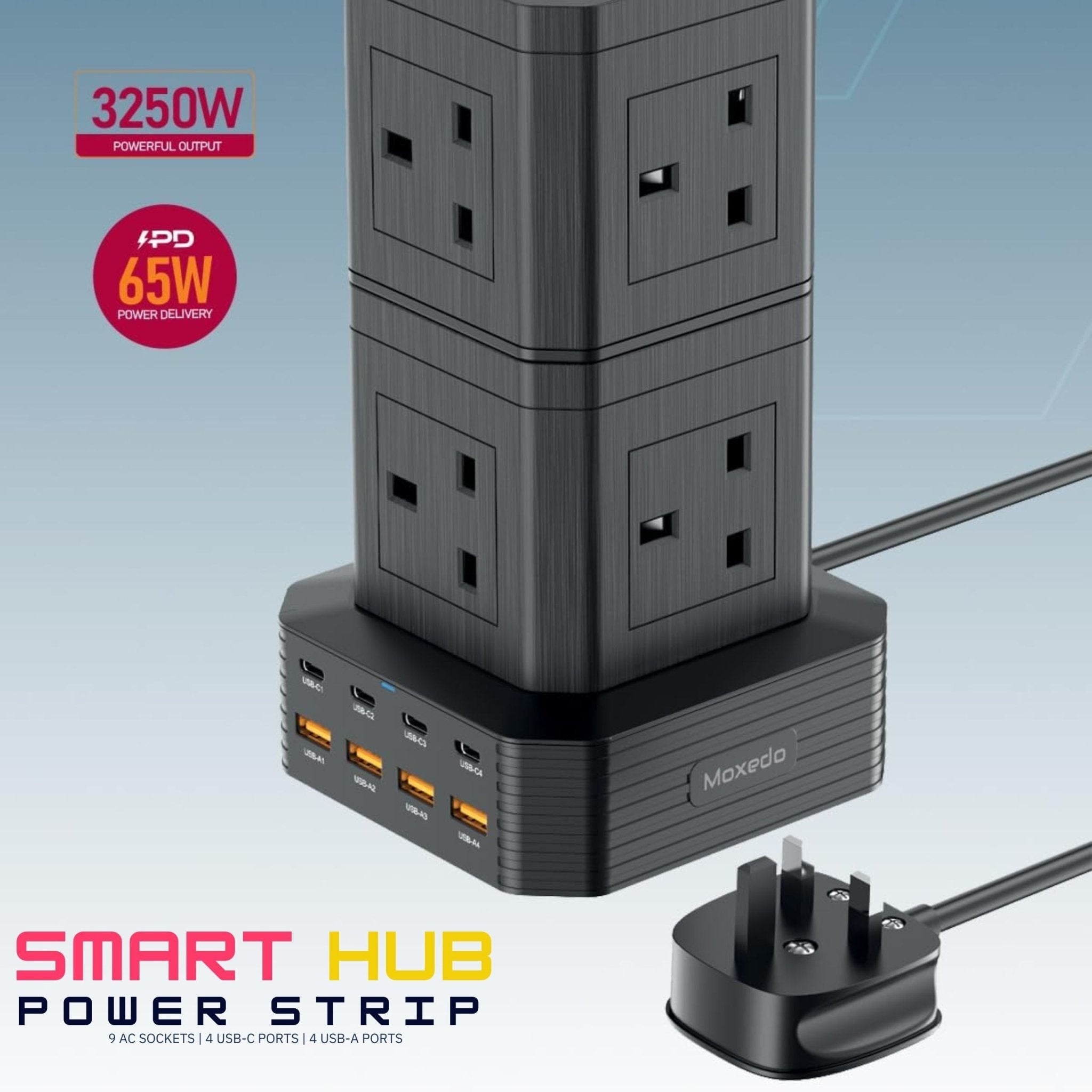 Moxedo Smart Hub Power Strip 17 in 1 Electric Outlet Power Extension 3250W PD 65W 2m - Black