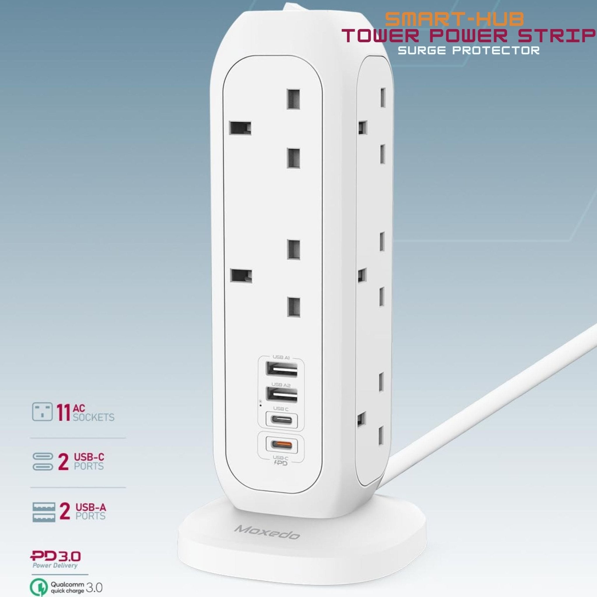 Moxedo Smart-Hub Tower Power Strip Surge Protector 15 in 1 Electric Outlet Power Extension 3250W PD 20W 2m - White