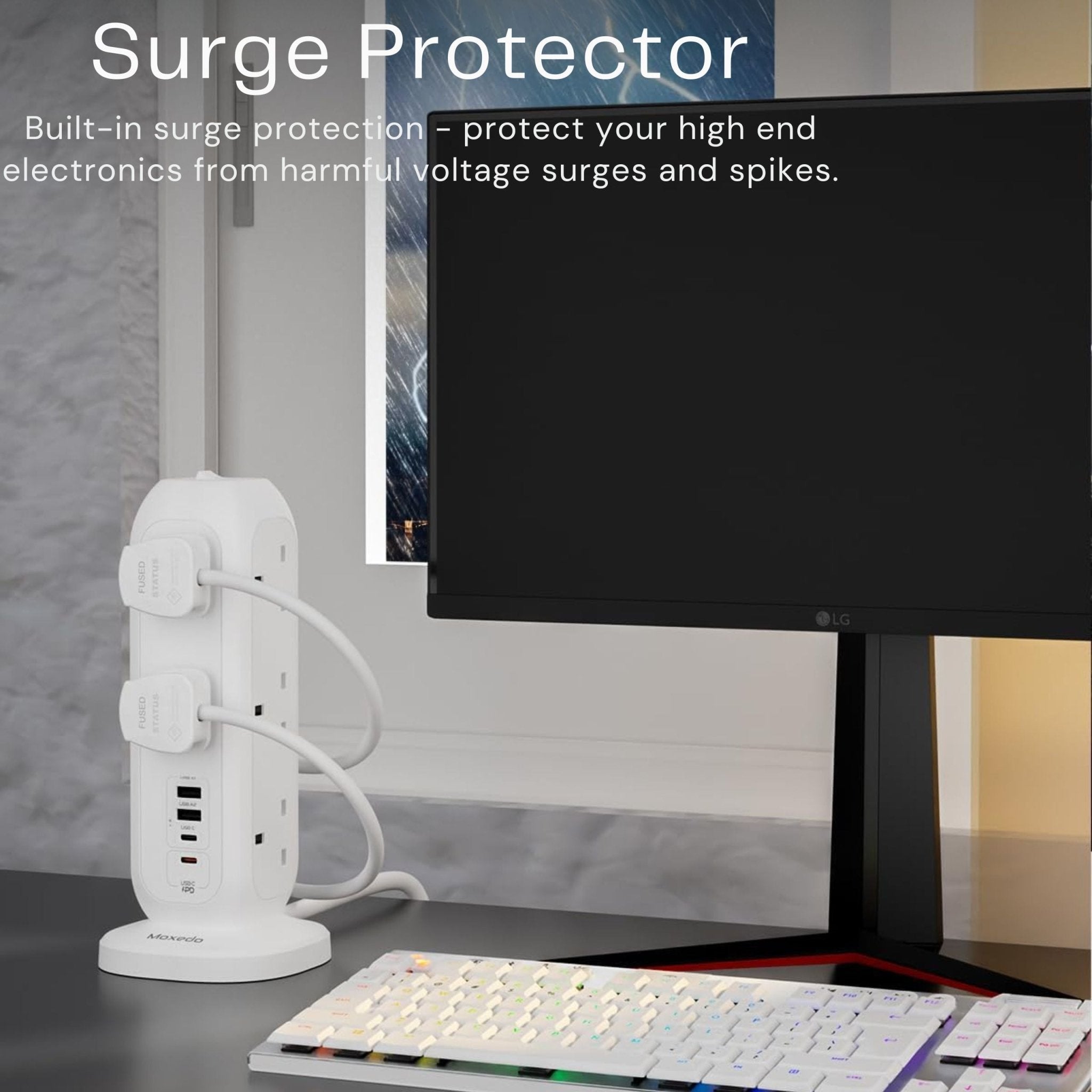 Moxedo Smart-Hub Tower Power Strip Surge Protector 15 in 1 Electric Outlet Power Extension 3250W PD 20W 2m - White