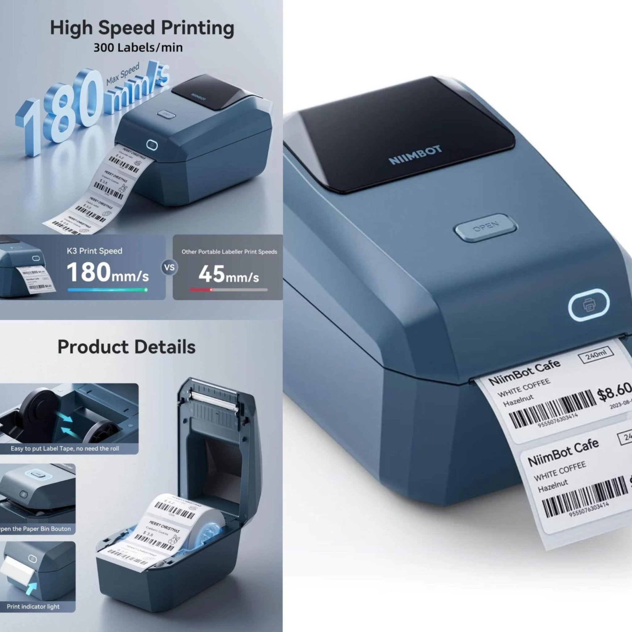 NIIMBOT K3 Inkless Smart Label Printer - Blue