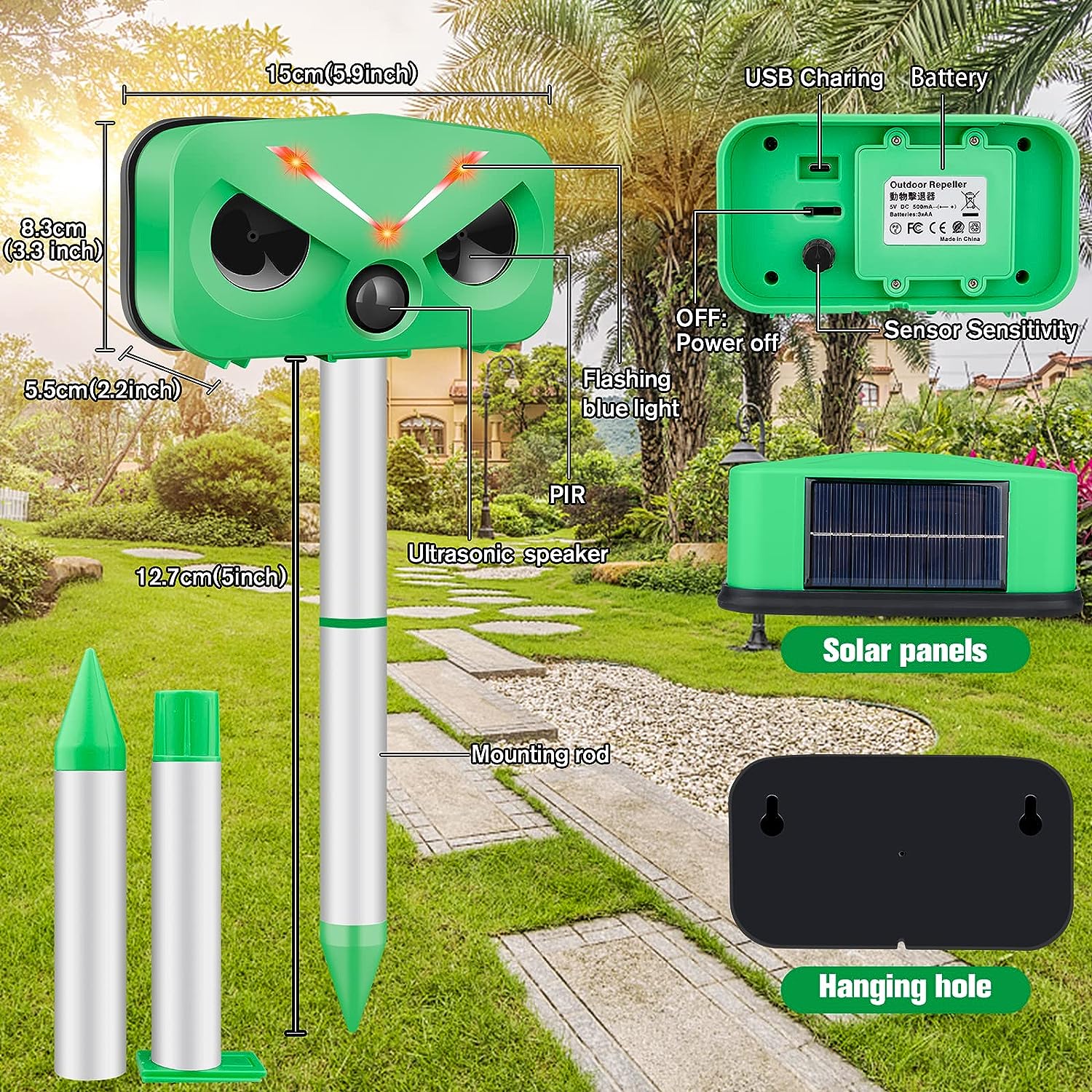 Outdoor Solar Ultrasonic Animal Repeller - Green