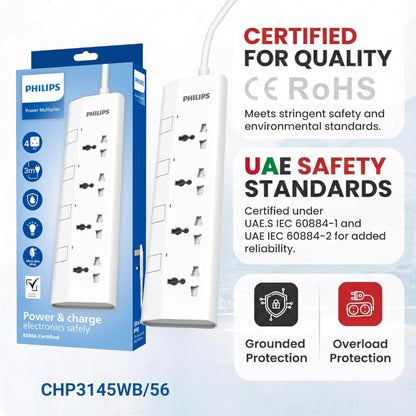 Philips 4-Way Universal Power Extension Cord 1.5M with Individual Switches - White