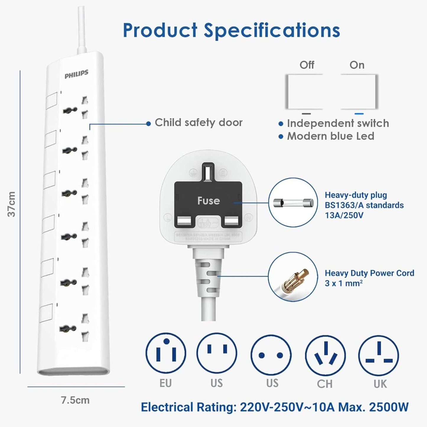 Philips 6-Way Universal Power Extension Cord 1.5M with Individual Switches - White