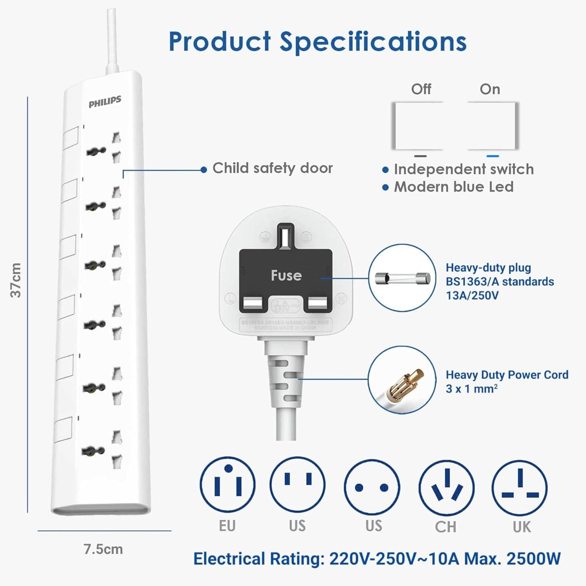 Philips 6-Way Universal Power Extension Cord 1.5M with Individual Switches - White