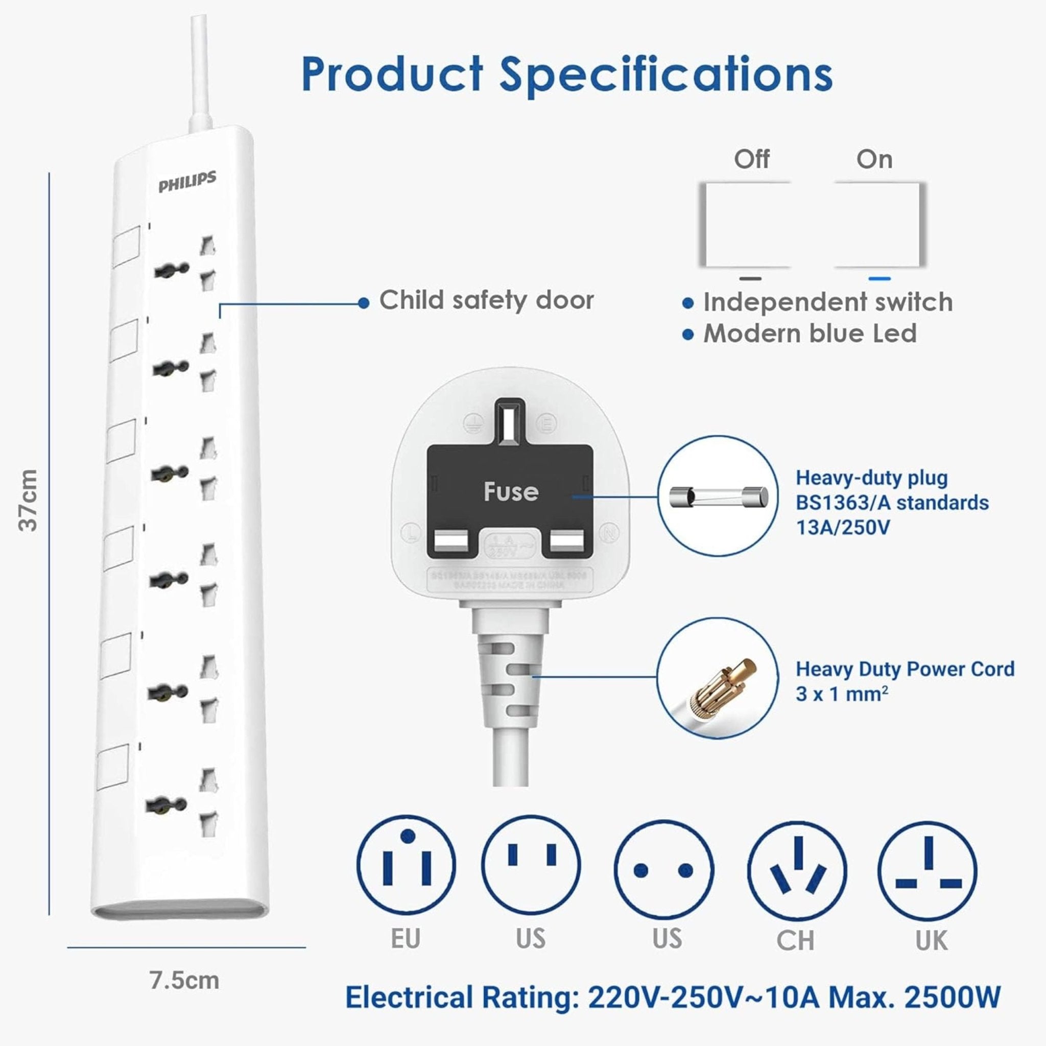 Philips 6-Way Universal Power Extension Cord 1.5M with Individual Switches - White