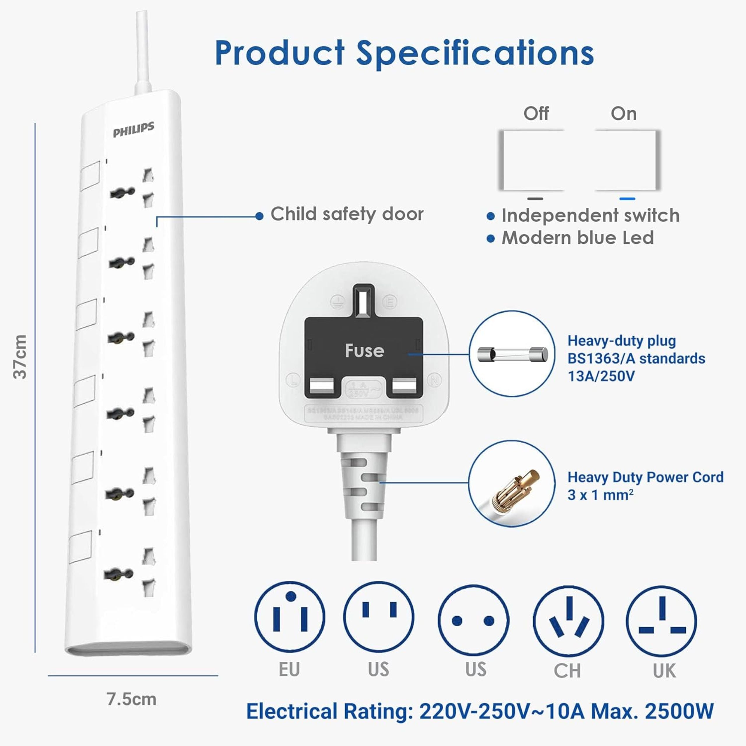 Philips 6-Way Universal Power Extension Cord 1.5M with Individual Switches - White
