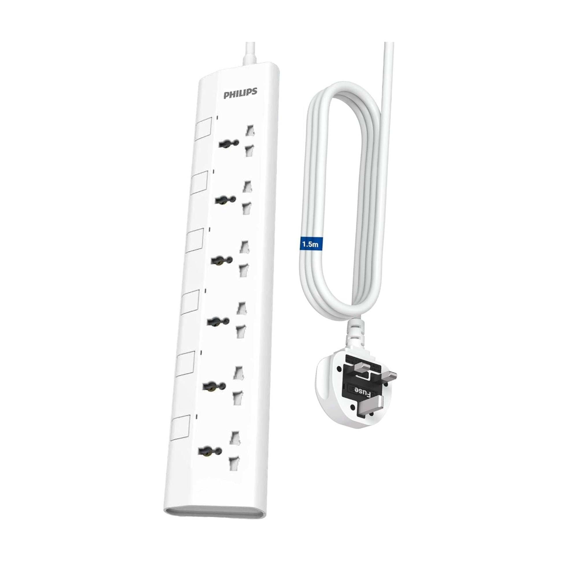 Philips 6-Way Universal Power Extension Cord 1.5M with Individual Switches - White