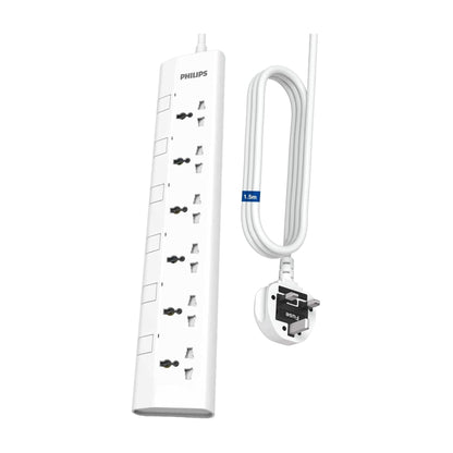 Philips 6-Way Universal Power Extension Cord 1.5M with Individual Switches - White