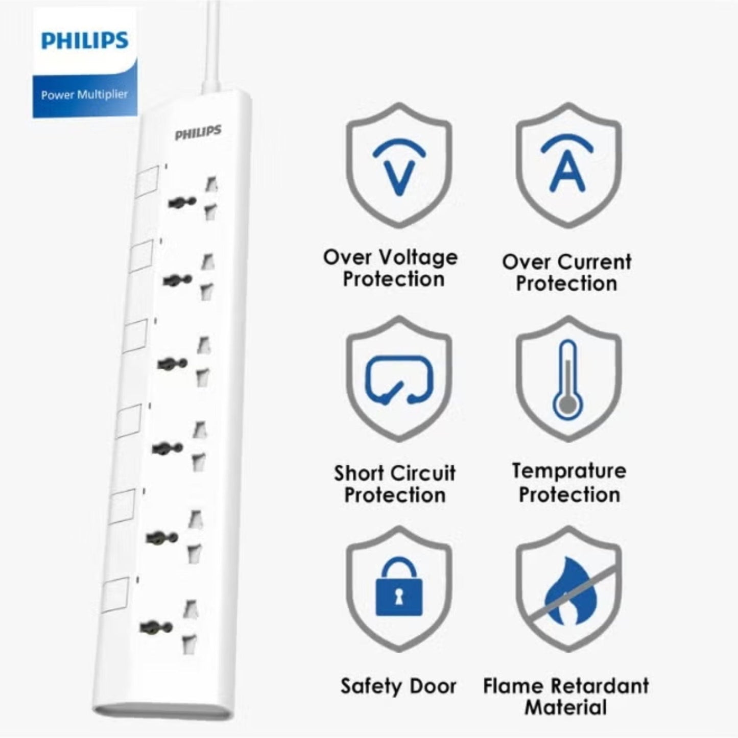 Philips 6-Way Universal Power Extension Cord 3M with Individual Switches - White
