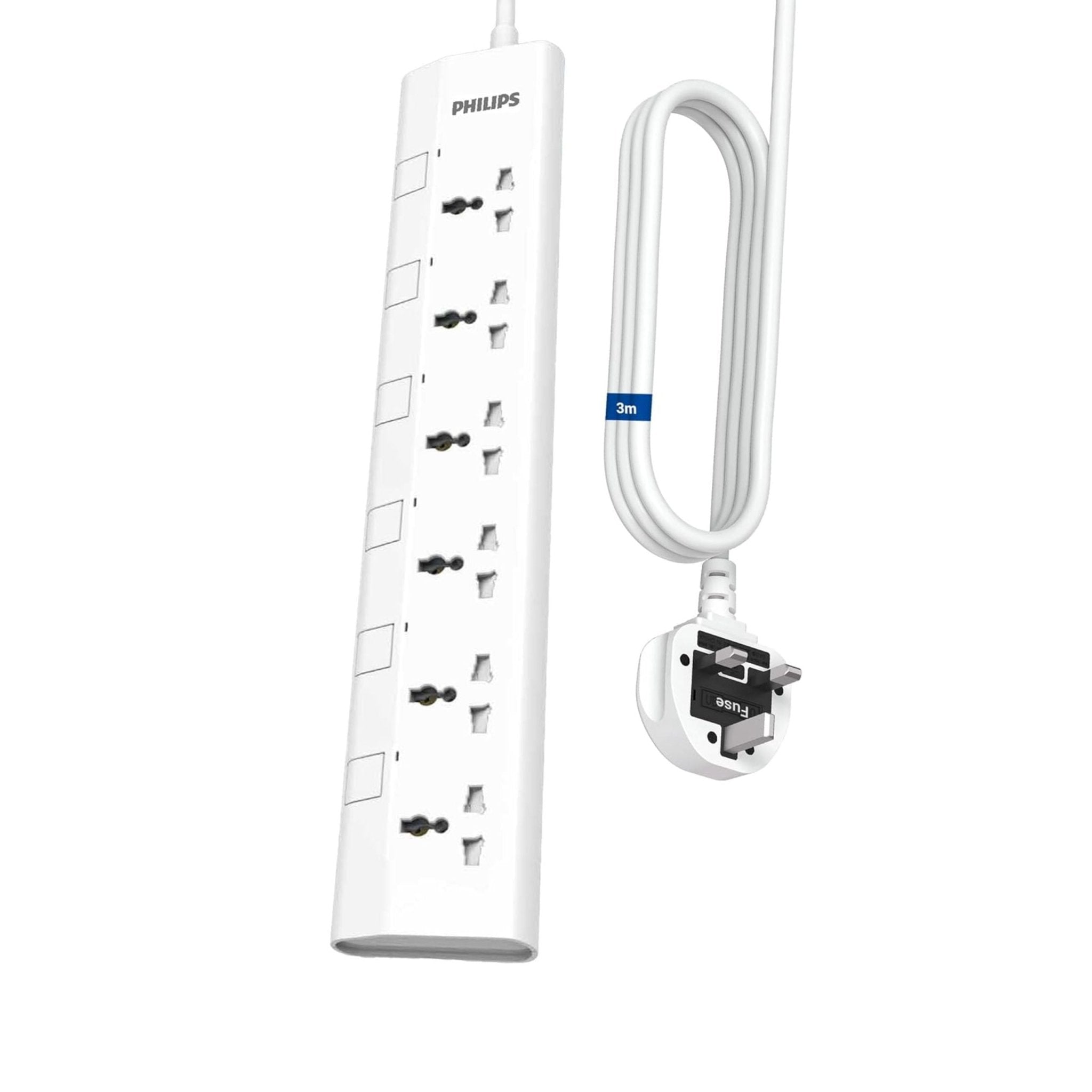 Philips 6-Way Universal Power Extension Cord 3M with Individual Switches - White