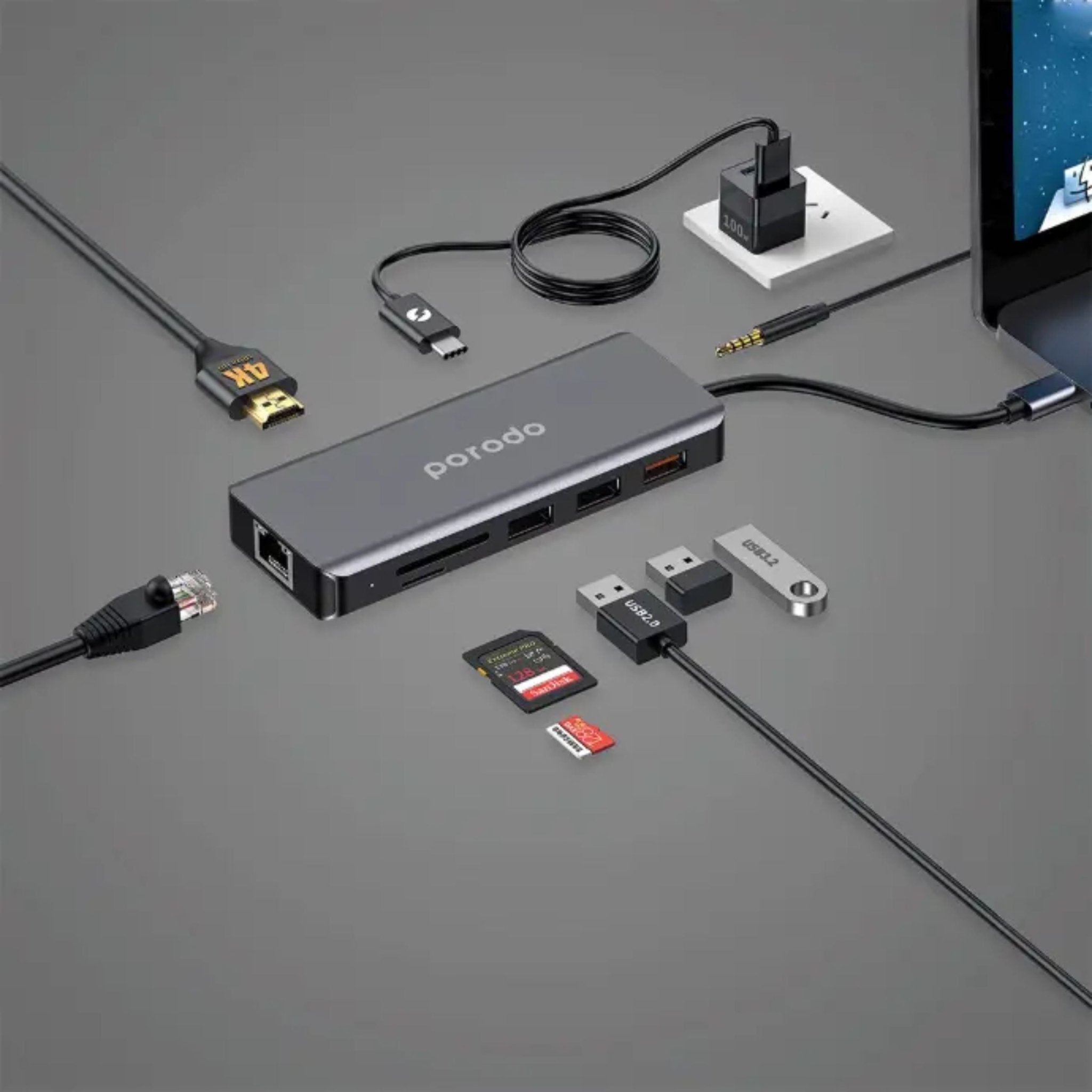 Porodo 9in1 USB-C Hub Type-C PD 100W HDMI Ethernet USB SD Card 3.5mm Aux - Gray