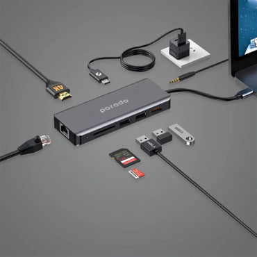 Porodo 9in1 USB-C Hub Type-C PD 100W HDMI Ethernet USB SD Card 3.5mm Aux - Gray
