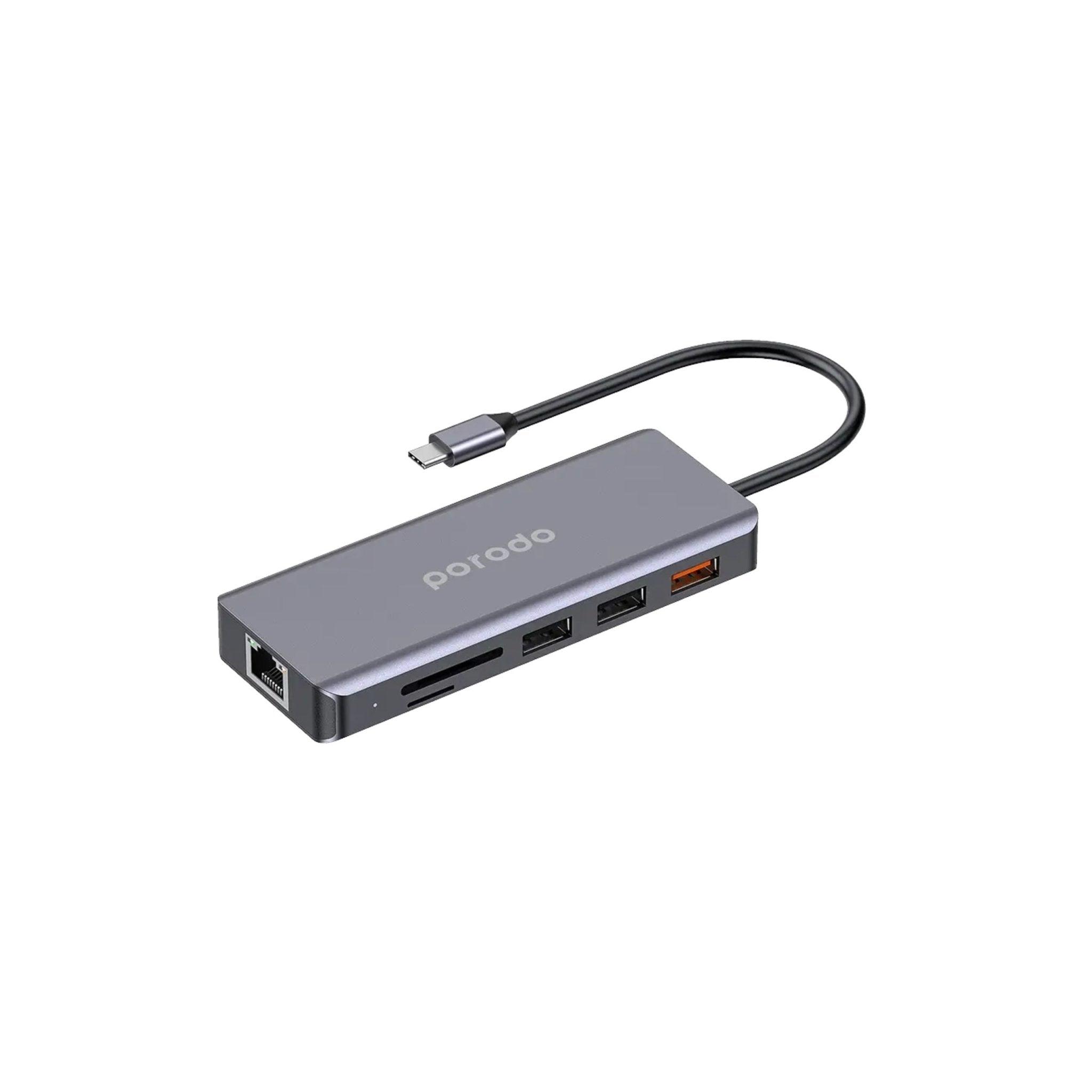 Porodo 9in1 USB-C Hub Type-C PD 100W HDMI Ethernet USB SD Card 3.5mm Aux - Gray