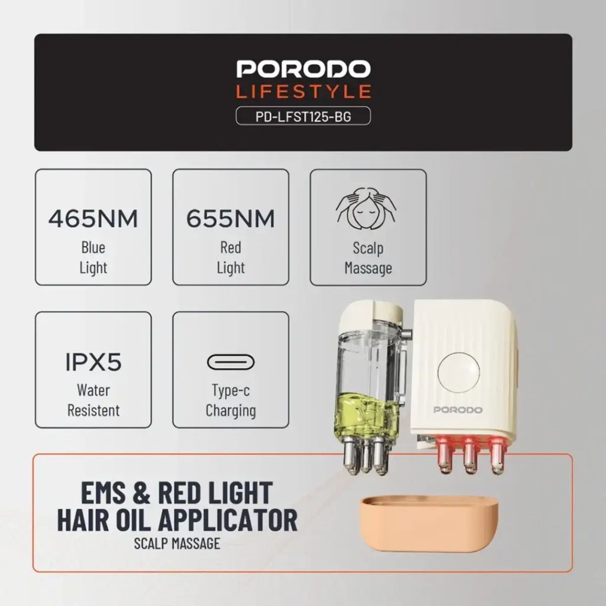 Porodo EMS & Red Light Hair Oil Applicator & Scalp Massage 10mL - Beige