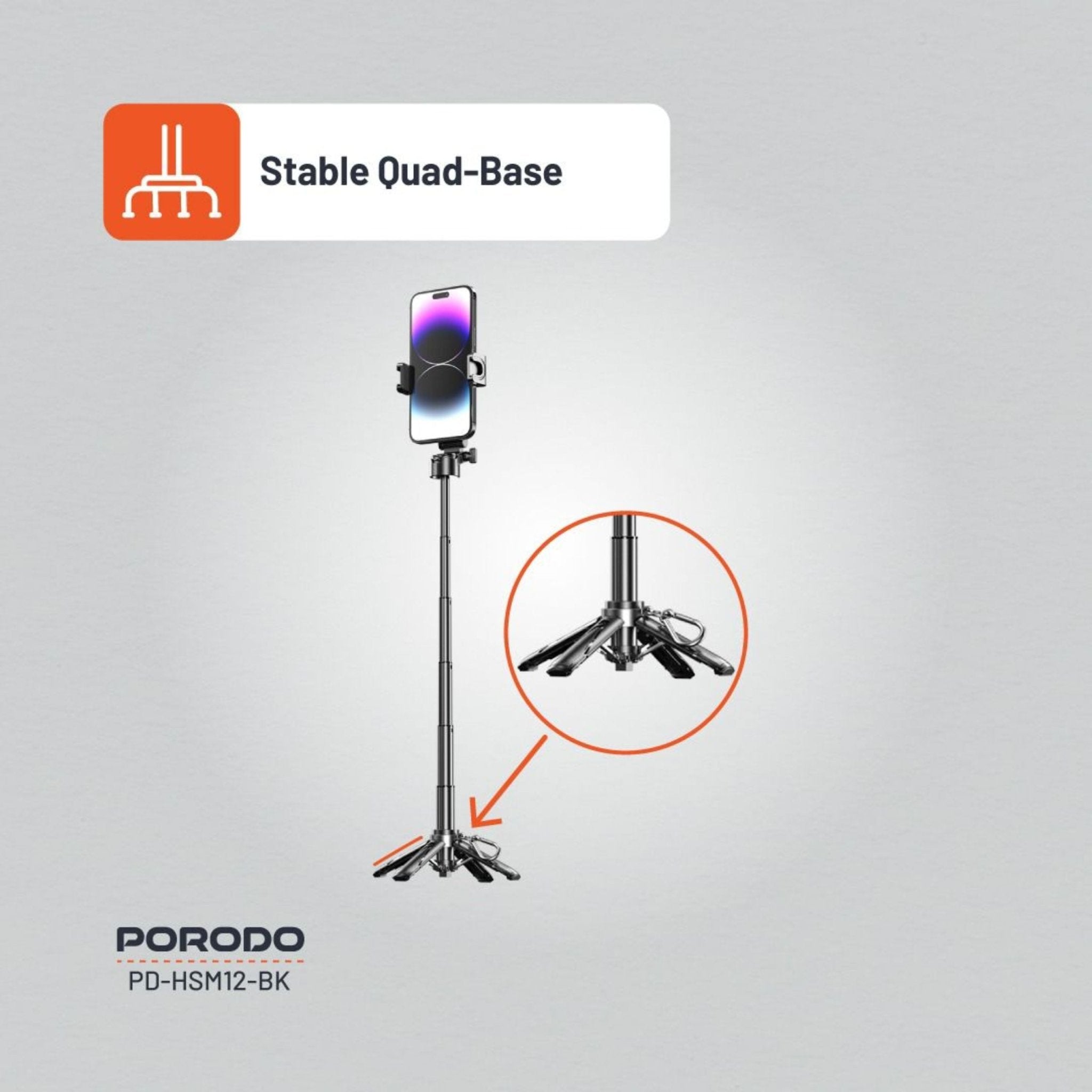 Porodo Foldable Selfie Stick With Extendable Tripod HS12 - Black