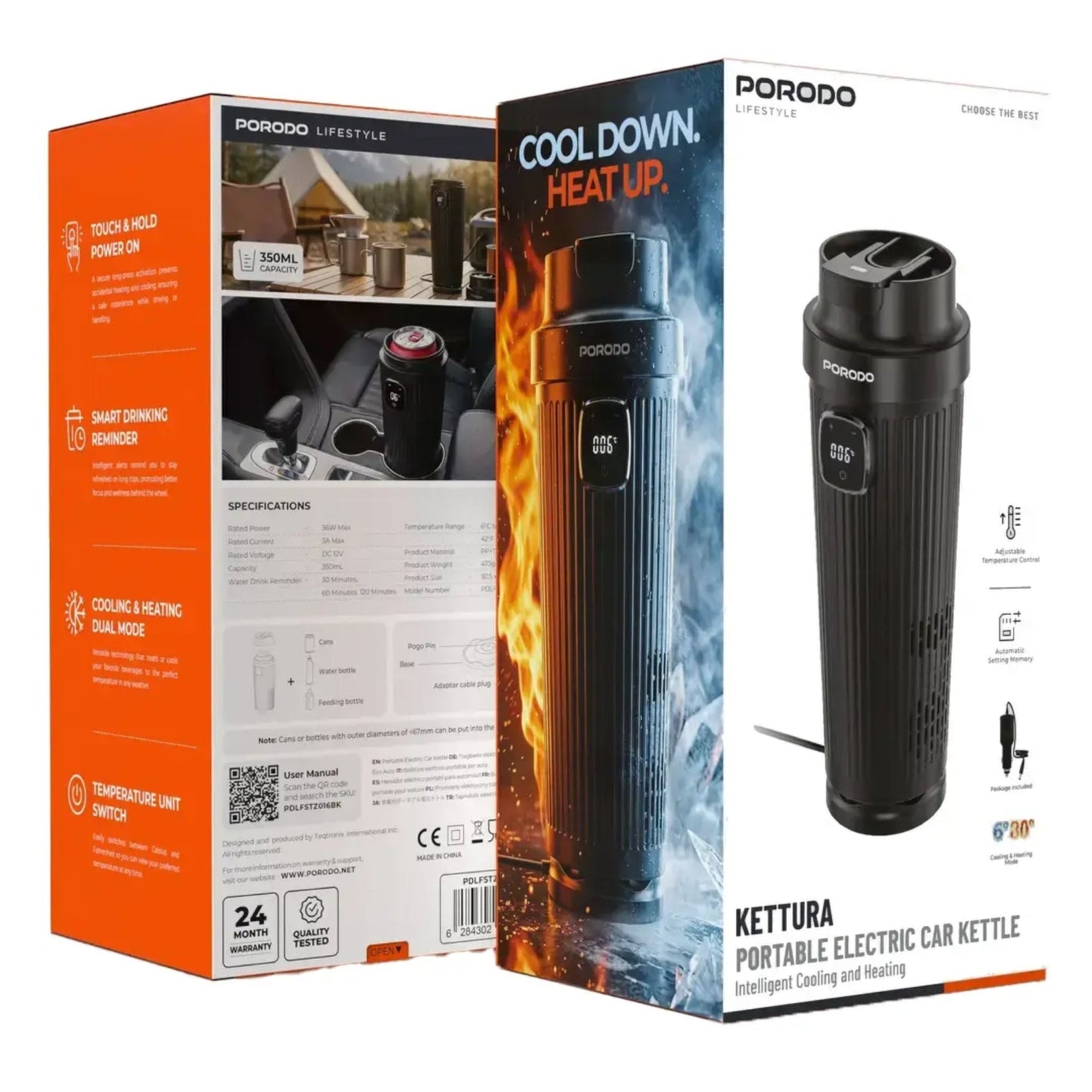 Porodo Kettura Intelligent Cooling and Heating Portable Electric Car Kettle - Black