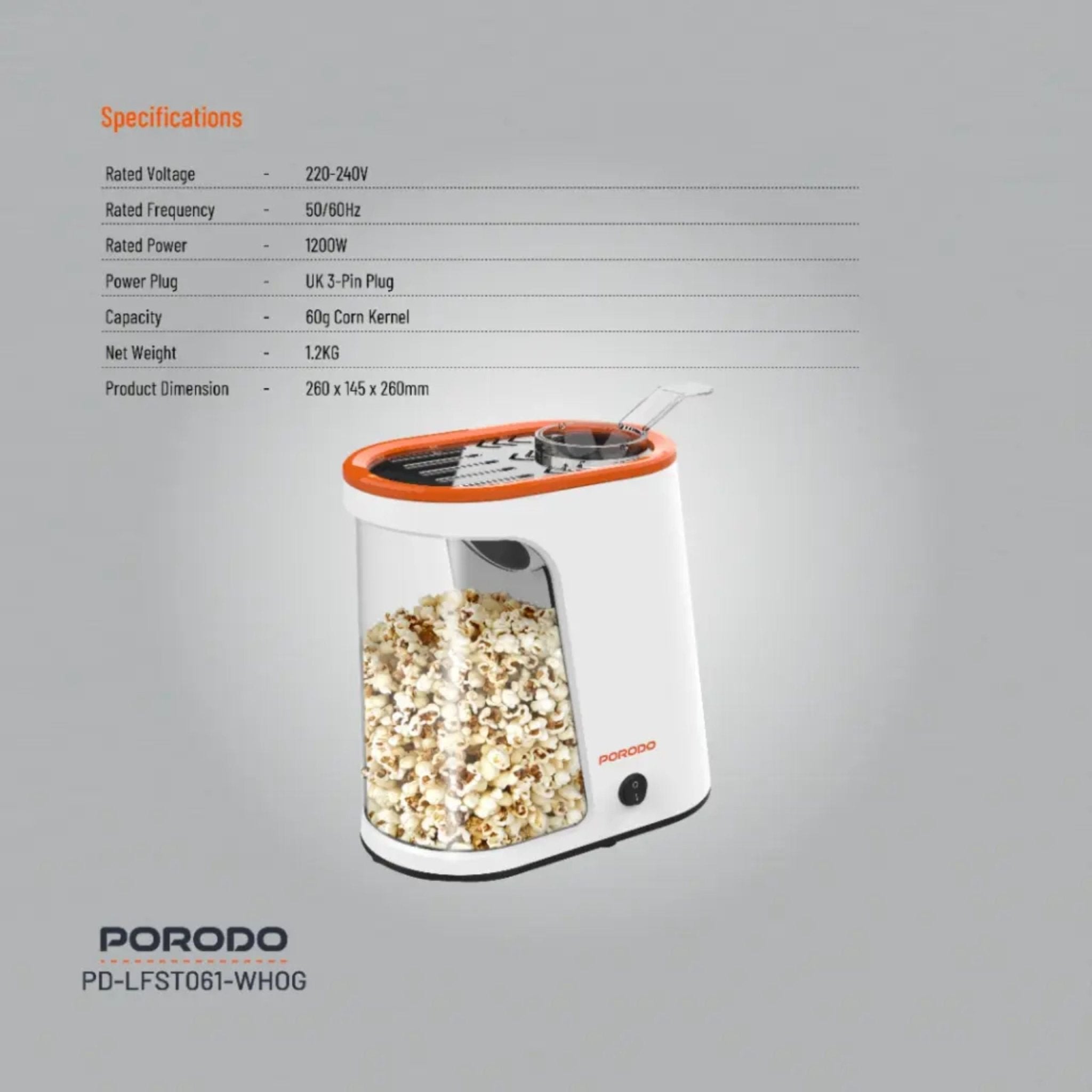 Porodo Lifestyle Air-Popped Popcorn Maker - White/Orange