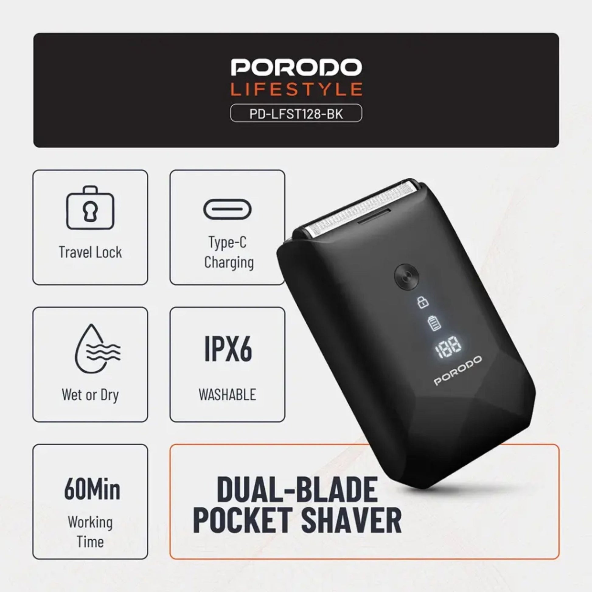 Porodo Lifestyle Dual-Blade Pocket Shaver - Black