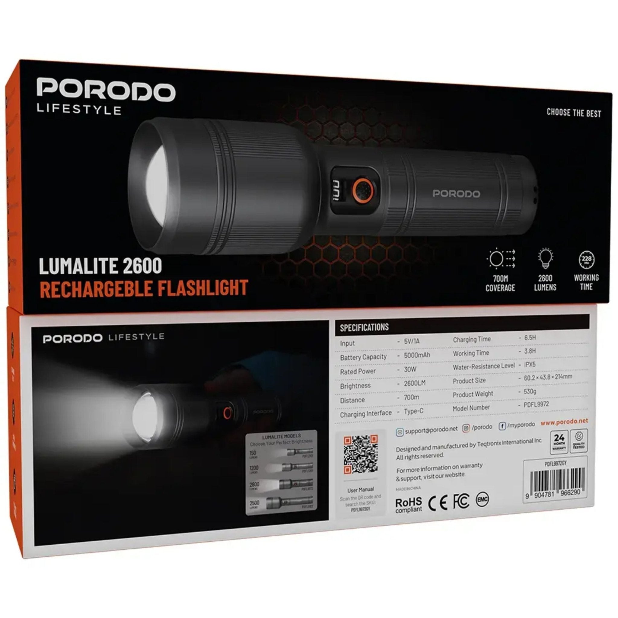 Porodo Lifestyle Lumalite 1200 Rechargeable Flashlight - Gray