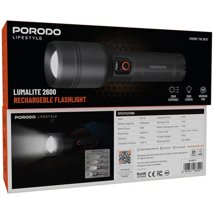 Porodo Lifestyle Lumalite 2600 Rechargeable Flashlight - Grey