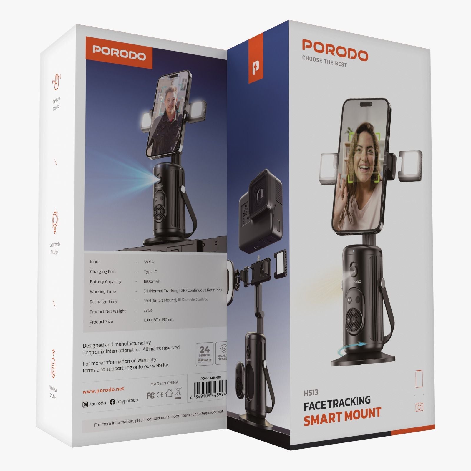 Porodo Multifunctional Face Tracking Gimbal, 360 Rotation With LED HS13 - Black