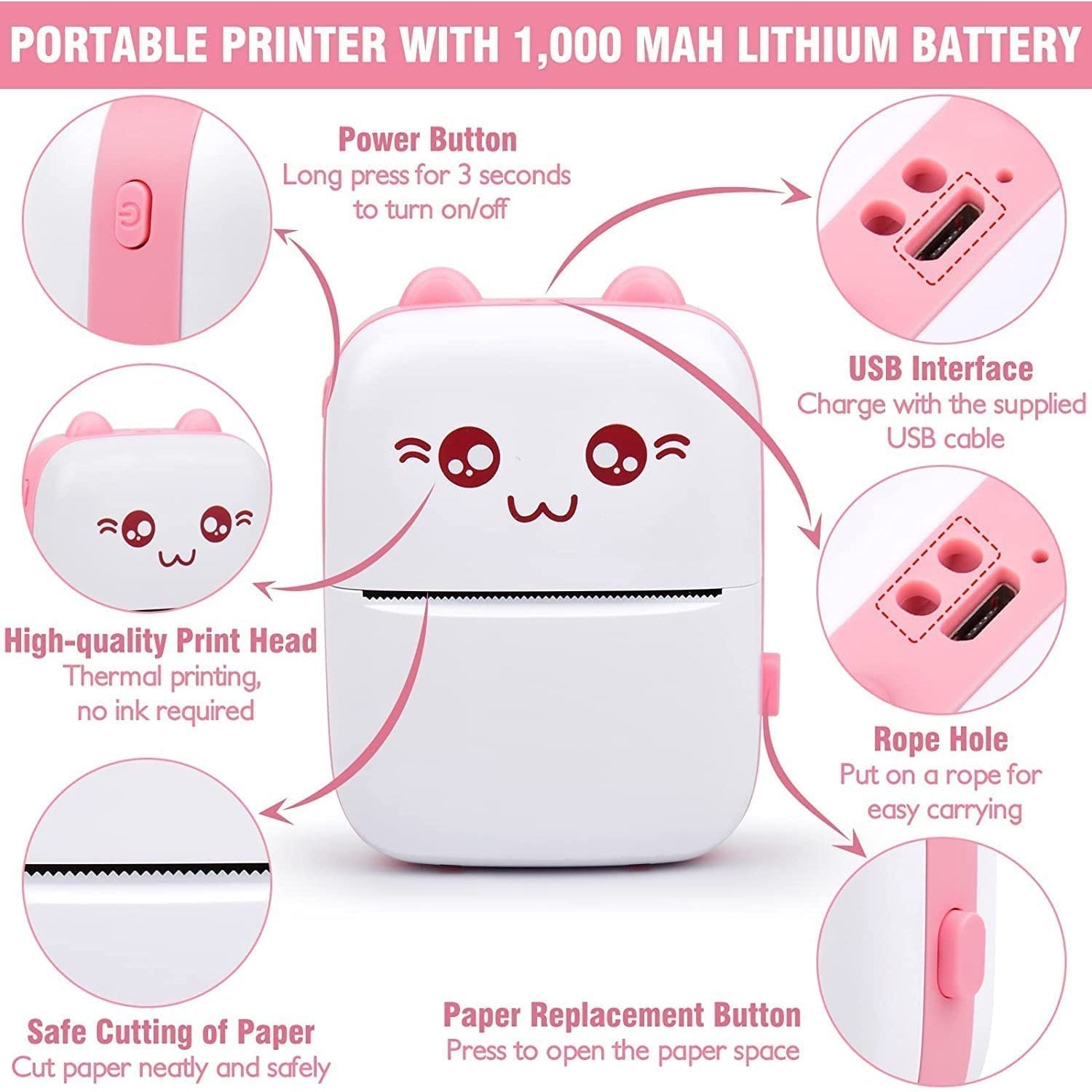 Portable Printer, Mini Pocket Wireless Bluetooth Thermal Printers with 6  Rolls Printing Paper for Android iOS Smartphone, BT Inkless Printing Gift  for
