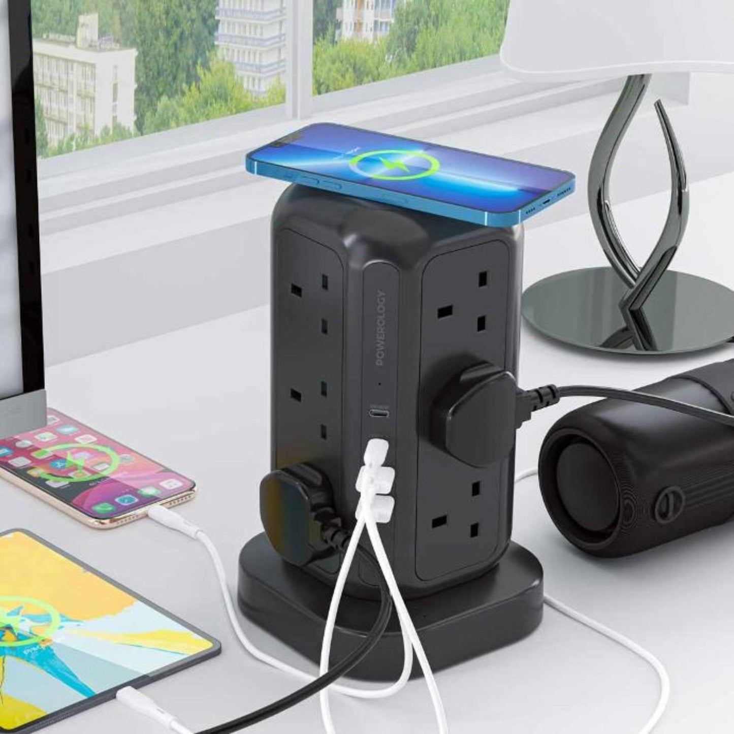 Powerology 12 Socket Multi-Port Tower Hub PD 45W 3250W 3M - Black