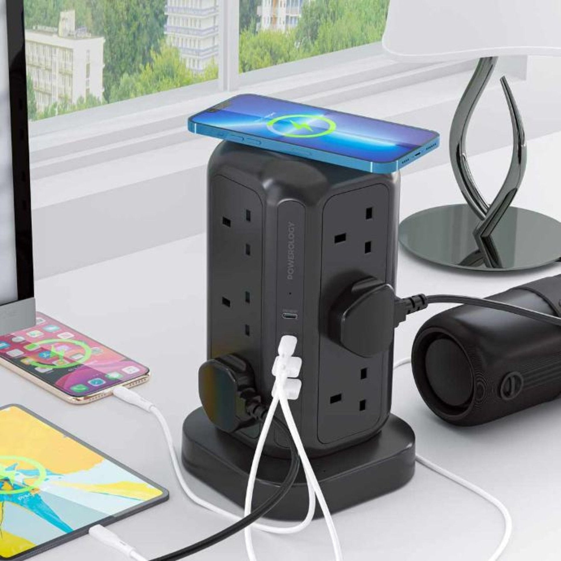 Powerology 12 Socket Multi-Port Tower Hub PD 45W 3250W 3M - Black