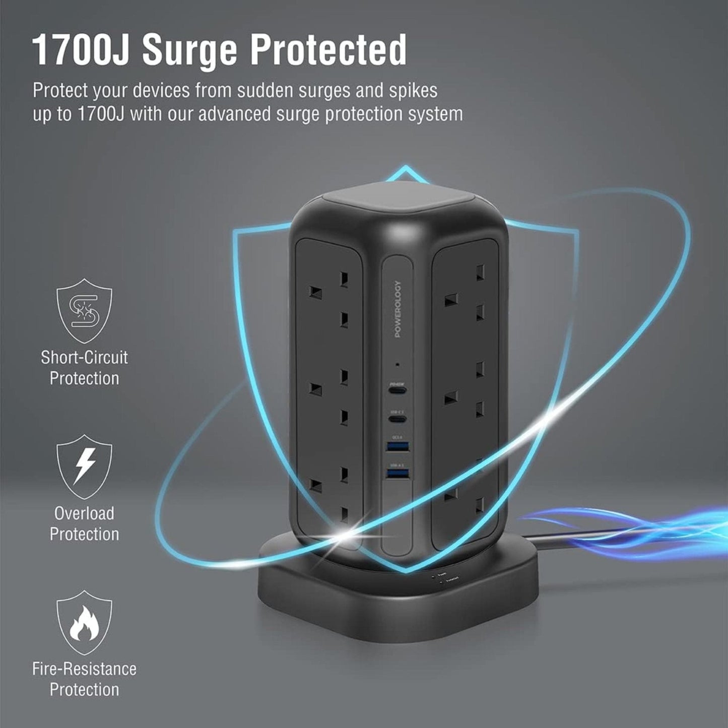 Powerology 12 Socket Multi-Port Tower Hub PD 45W 3250W 3M - Black