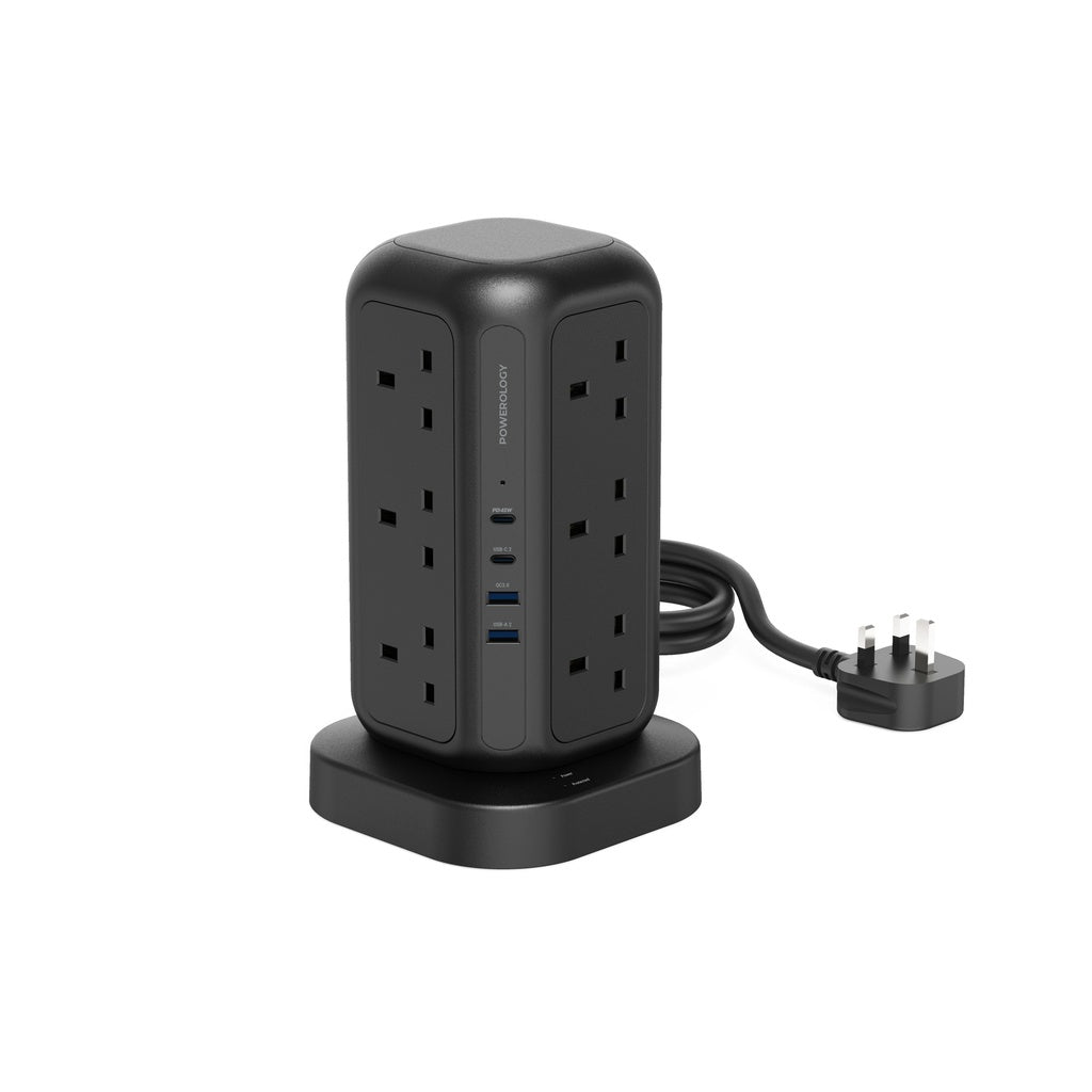 Powerology 12 Socket Multi-Port Tower Hub PD 45W 3250W 3M - Black