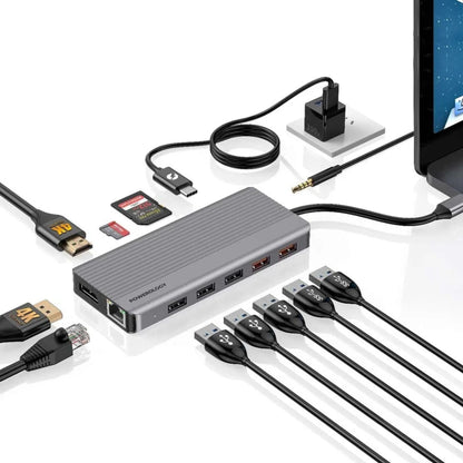 Powerology 12in1 USB-C Hub HDMI Type-C PD 100W Ethernet VGA USB SD MicroSD 3.5Aux - Gray