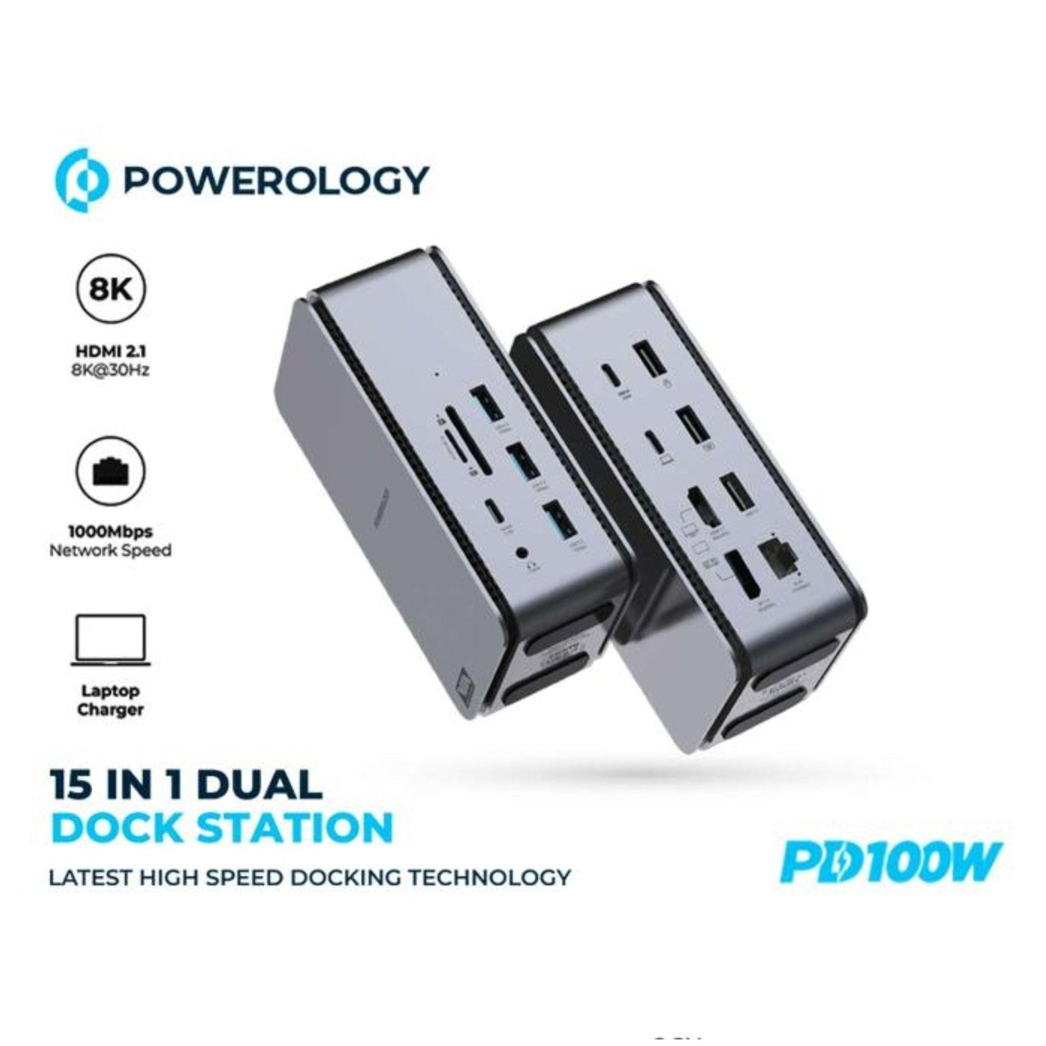 Powerology 15 in 1 Dual Dock Station PD100W - Black