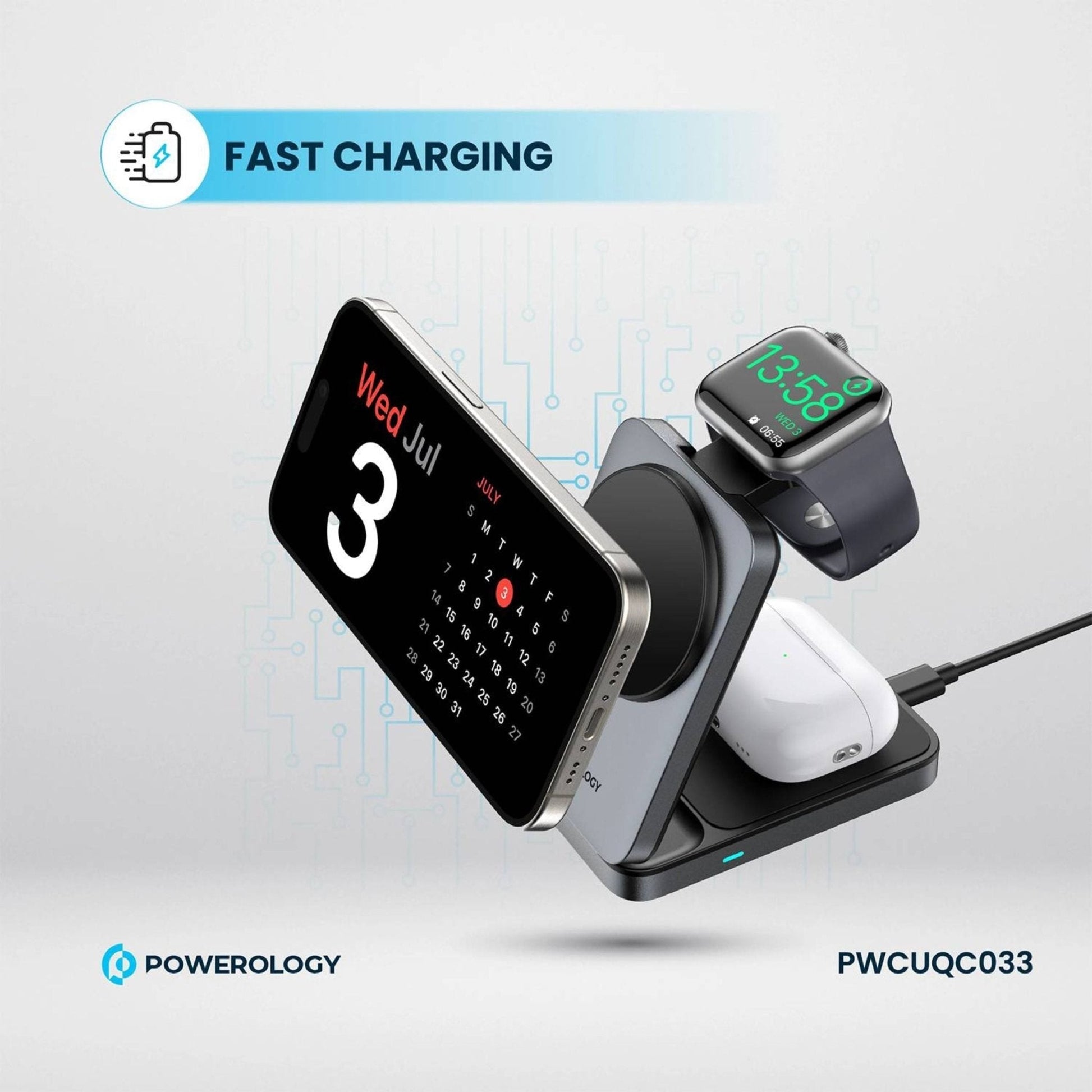 Powerology 3-in-1 Foldable Wireless Magnetic Qi2 Fast Charging Hub - Black