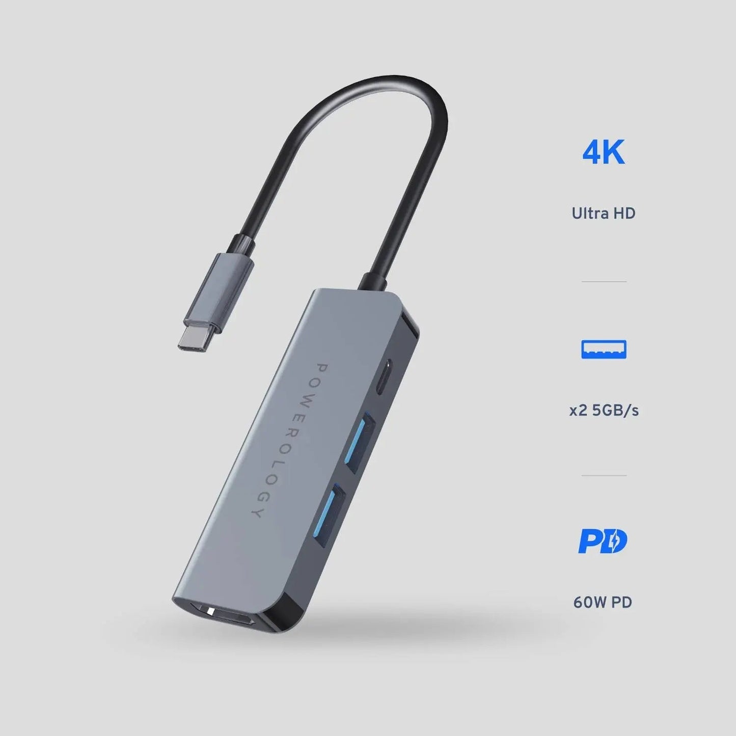 Powerology 4in1 USB-C HUB with HDMI & USB 3.0 - Grey