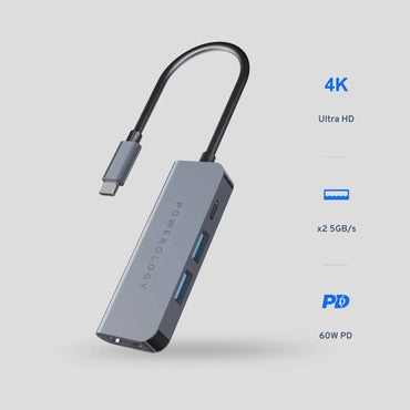 Powerology 4in1 USB-C HUB with HDMI & USB 3.0 - Grey