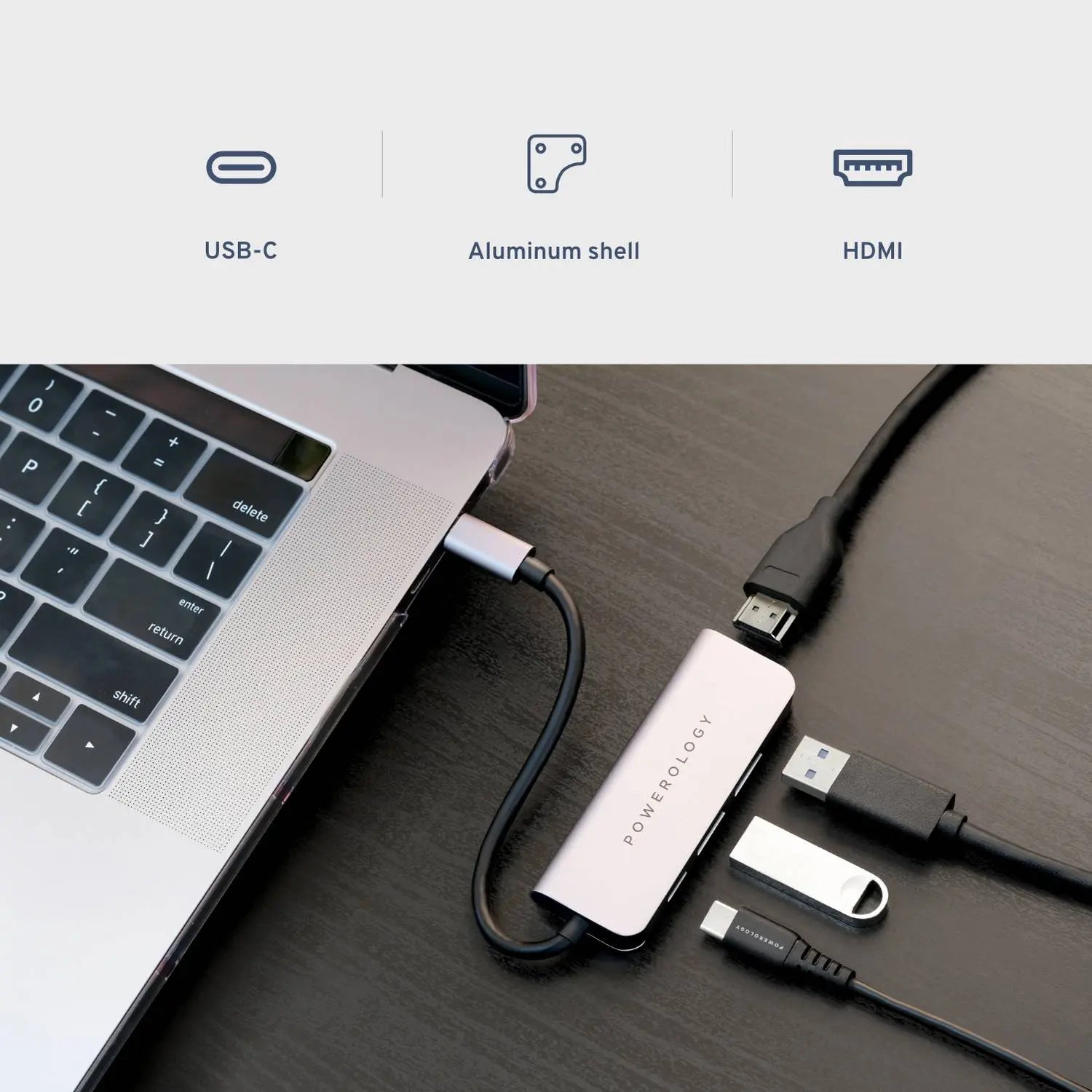 Powerology 4in1 USB-C HUB with HDMI & USB 3.0 - Grey