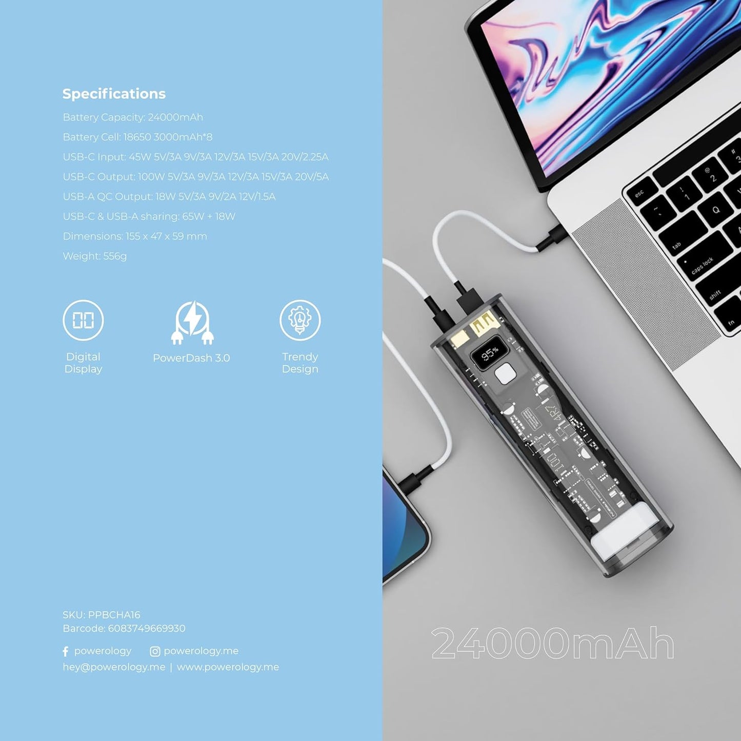 Powerology Crystalline Series Power Bank 24000mAh PD 100W - Dark Gray