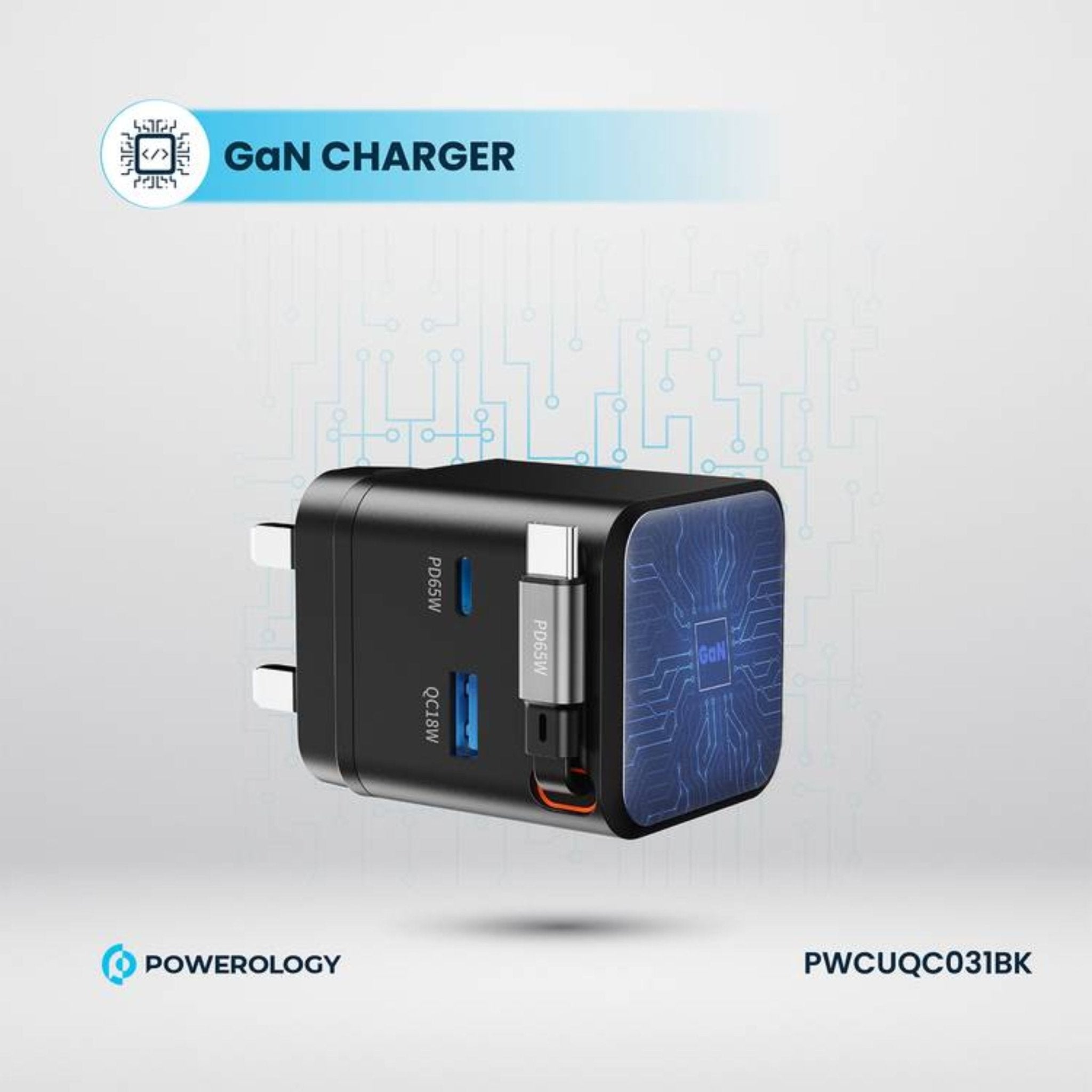 Powerology Dual Port Retractable Type - C Cable GaN Charger, 3 Output 65W - White